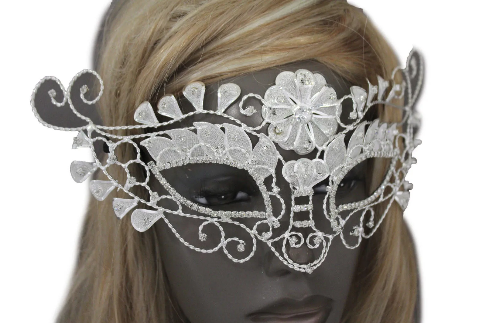 White Silver Leaves And Flower Back Tie Half Face Mask Halloween Carnival Costume Accessories