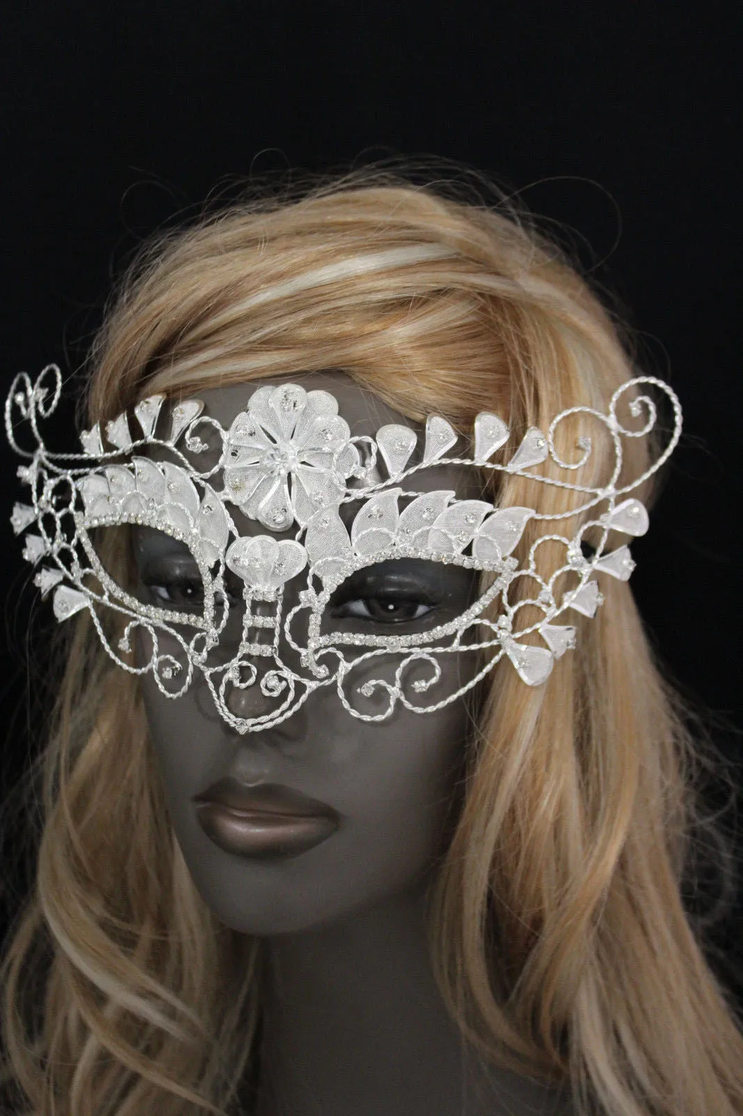 White Silver Leaves And Flower Back Tie Half Face Mask Halloween Carnival Costume Accessories