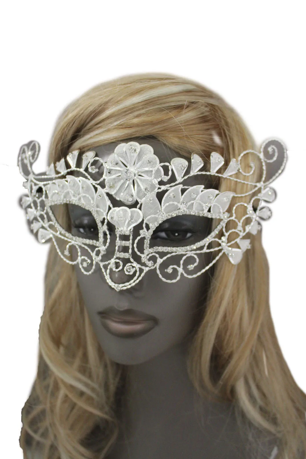 White Silver Leaves And Flower Back Tie Half Face Mask Halloween Carnival Costume Accessories