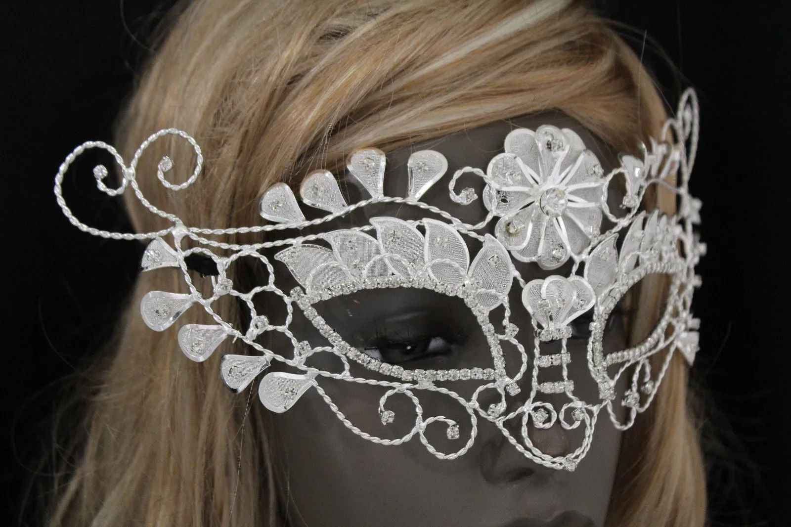 White Silver Leaves And Flower Back Tie Half Face Mask Halloween Carnival Costume Accessories