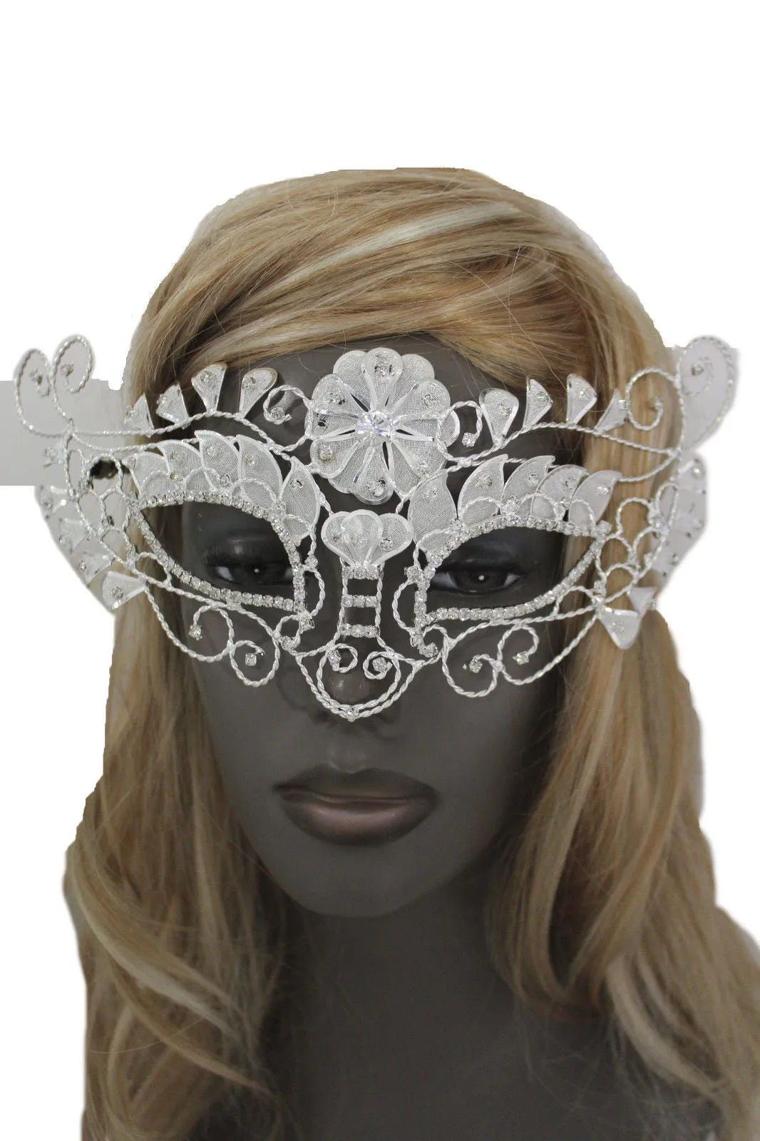 White Silver Leaves And Flower Back Tie Half Face Mask Halloween Carnival Costume Accessories