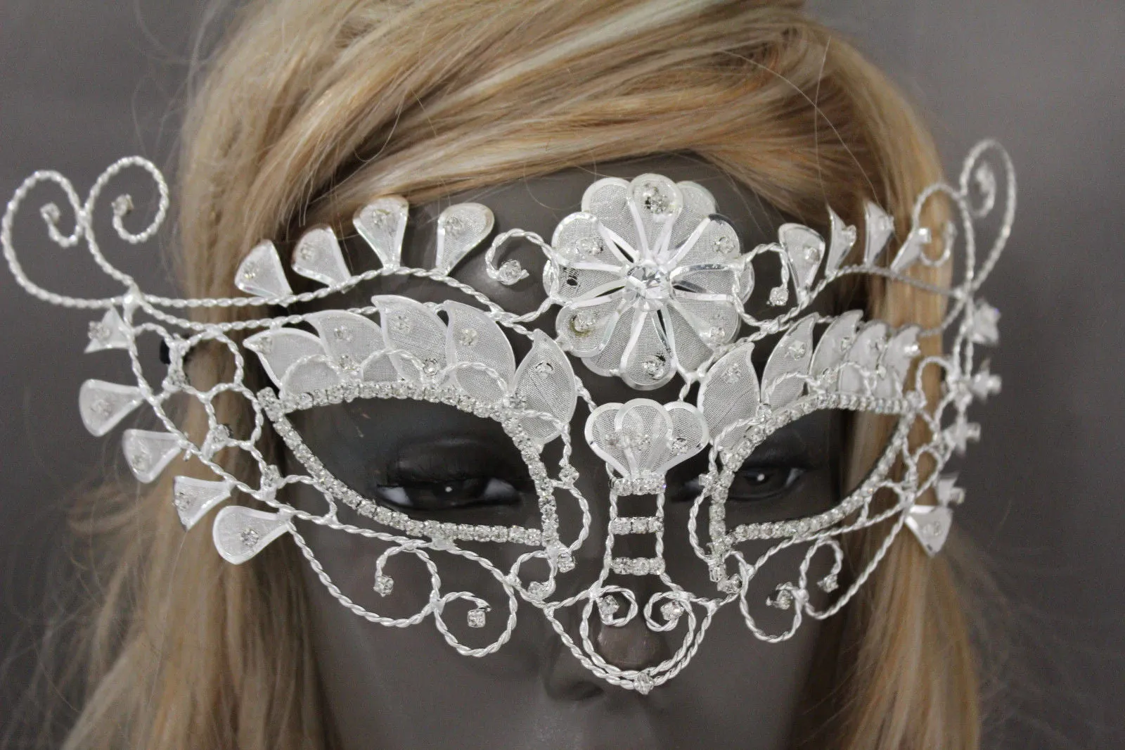 White Silver Leaves And Flower Back Tie Half Face Mask Halloween Carnival Costume Accessories
