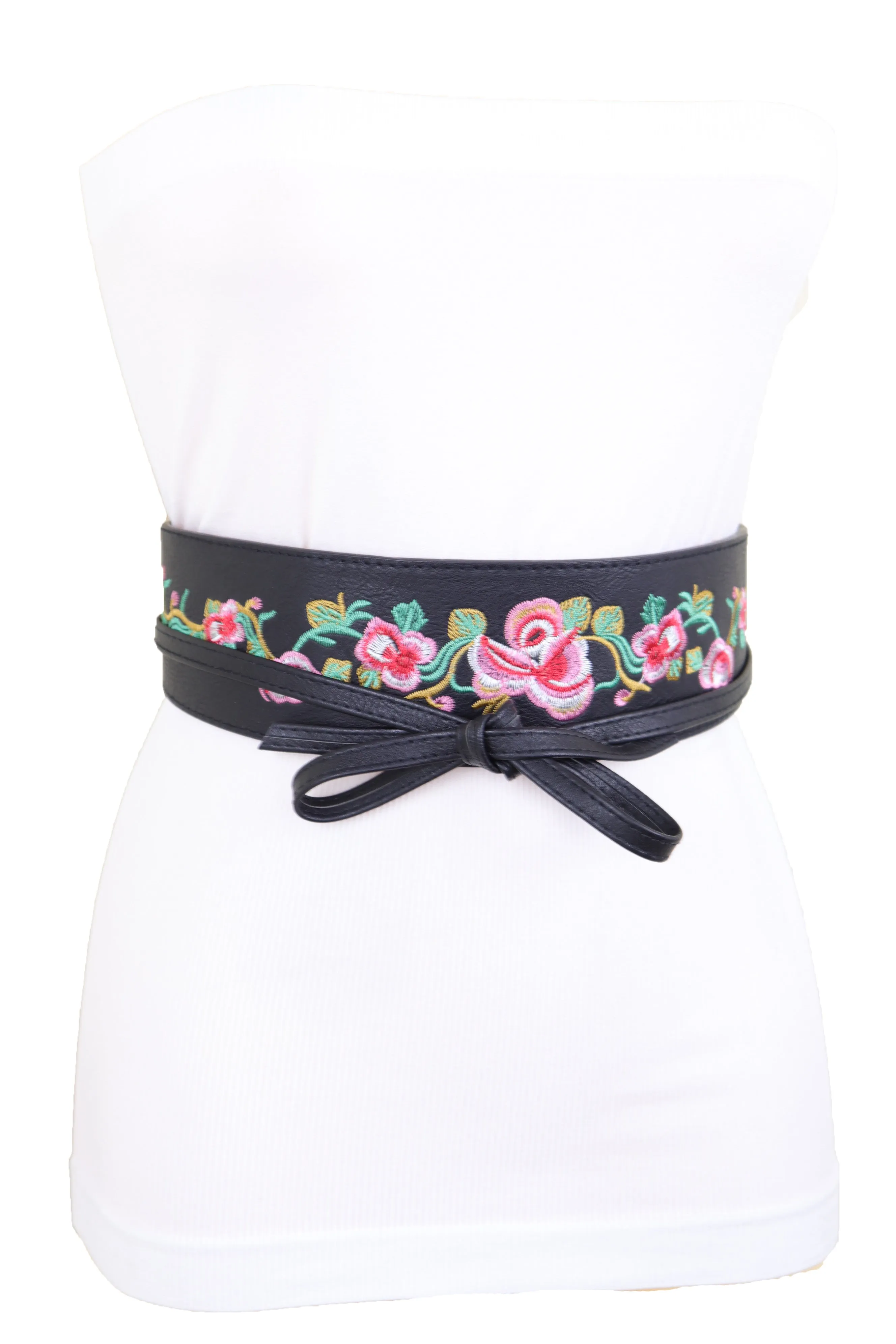 Wide Black Faux Leather Wrap Around Tie Fashion Belt Hip Waist Flowers S M