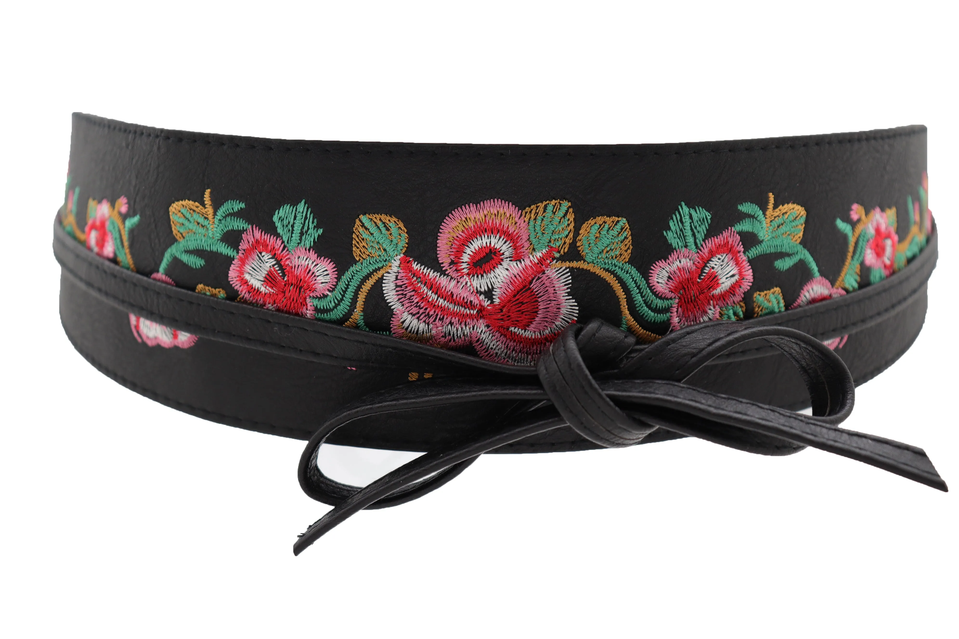 Wide Black Faux Leather Wrap Around Tie Fashion Belt Hip Waist Flowers S M