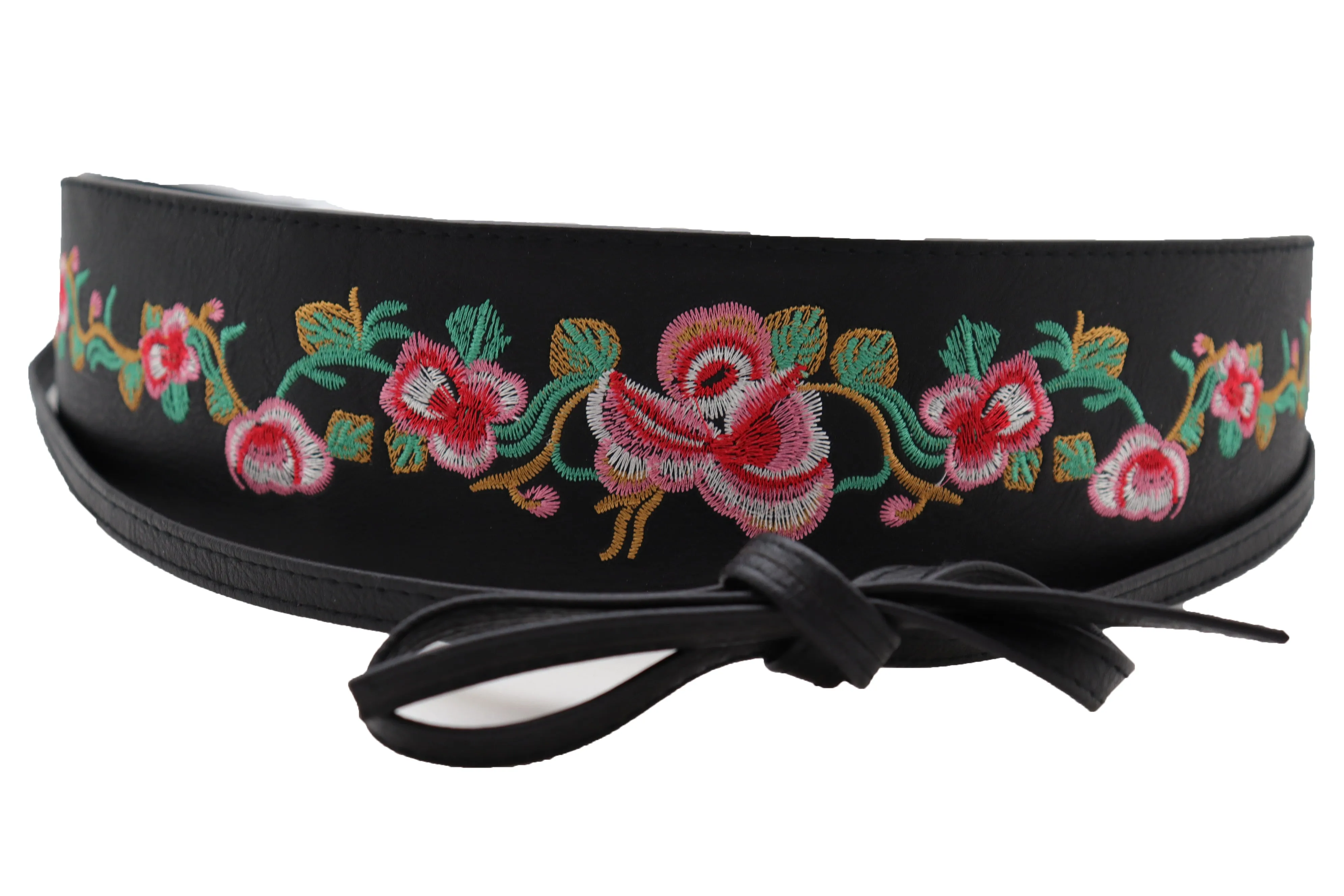 Wide Black Faux Leather Wrap Around Tie Fashion Belt Hip Waist Flowers S M