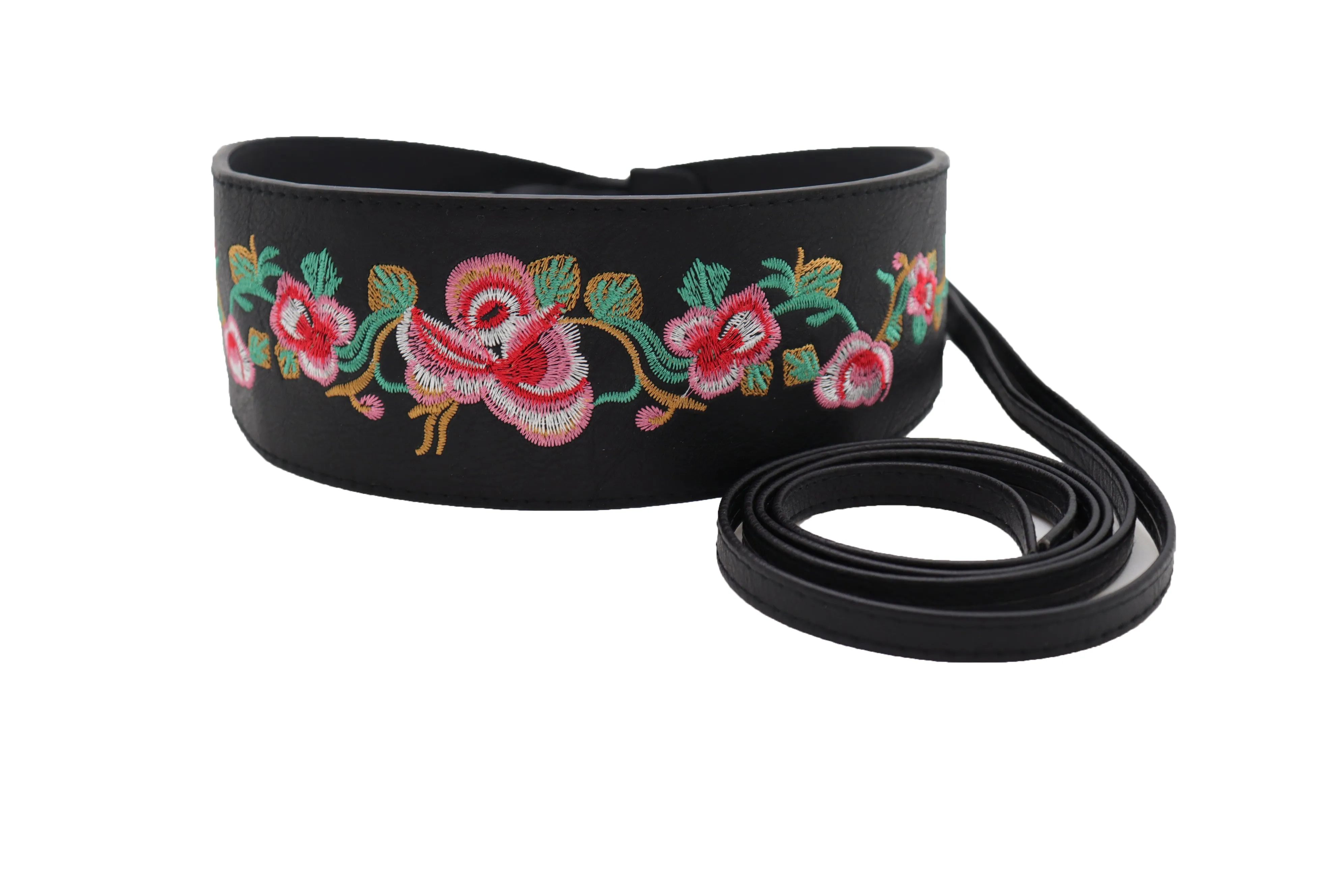Wide Black Faux Leather Wrap Around Tie Fashion Belt Hip Waist Flowers S M