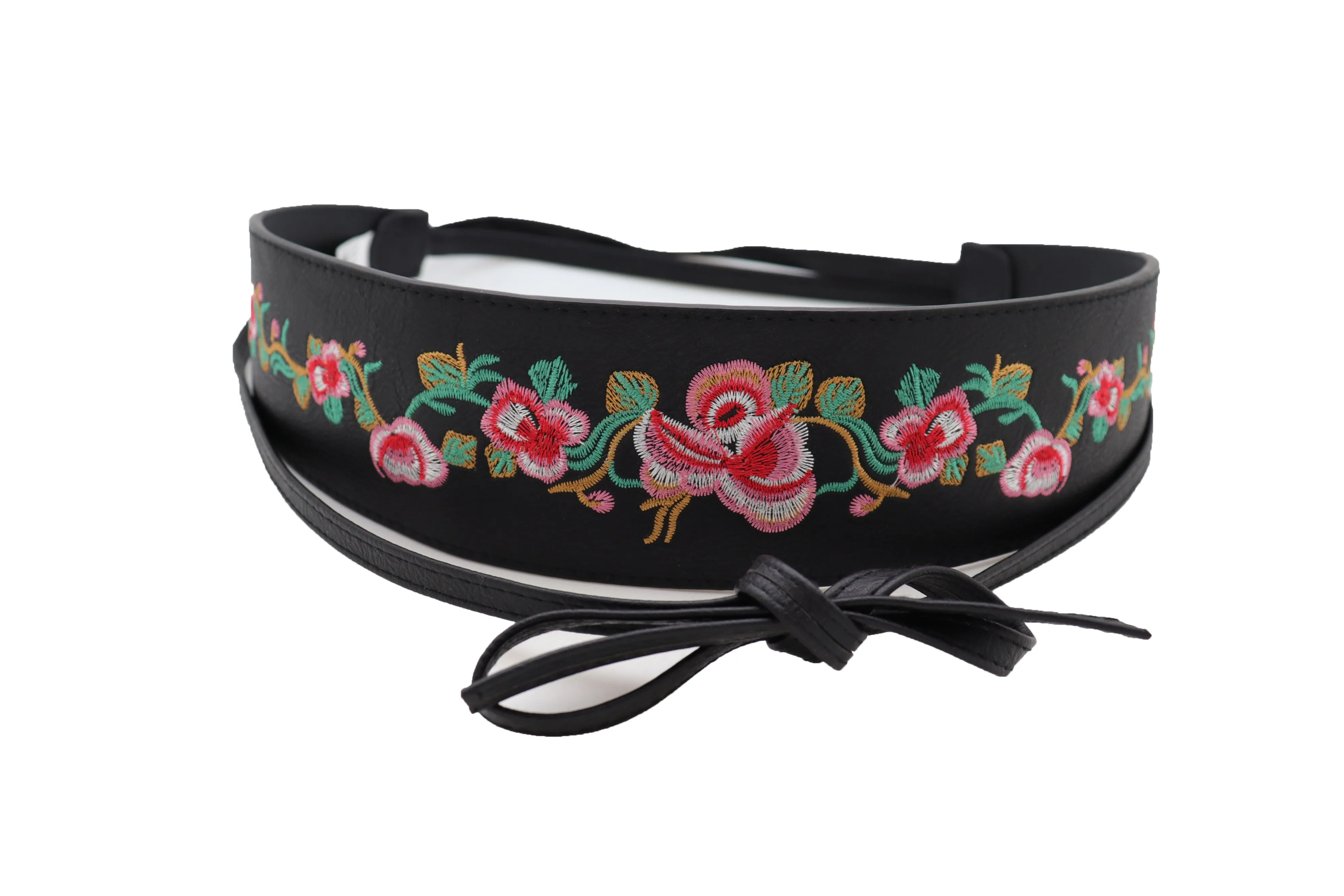 Wide Black Faux Leather Wrap Around Tie Fashion Belt Hip Waist Flowers S M