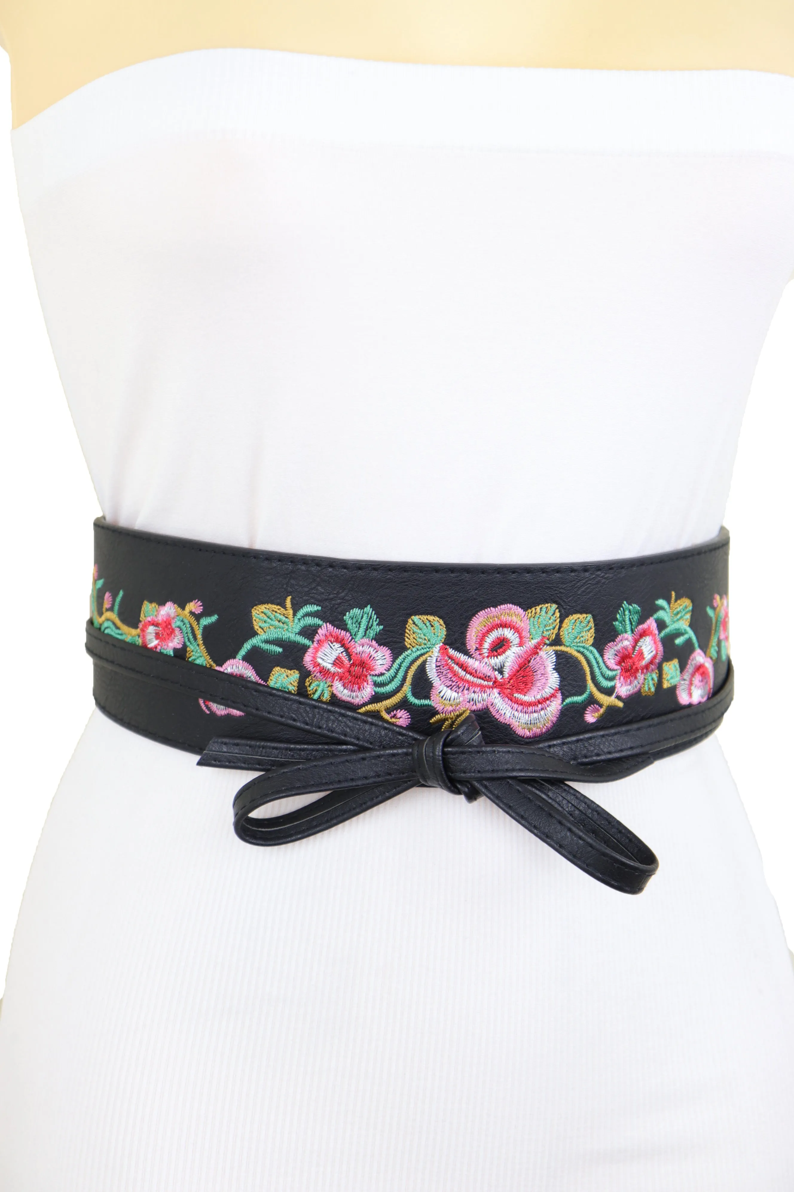Wide Black Faux Leather Wrap Around Tie Fashion Belt Hip Waist Flowers S M