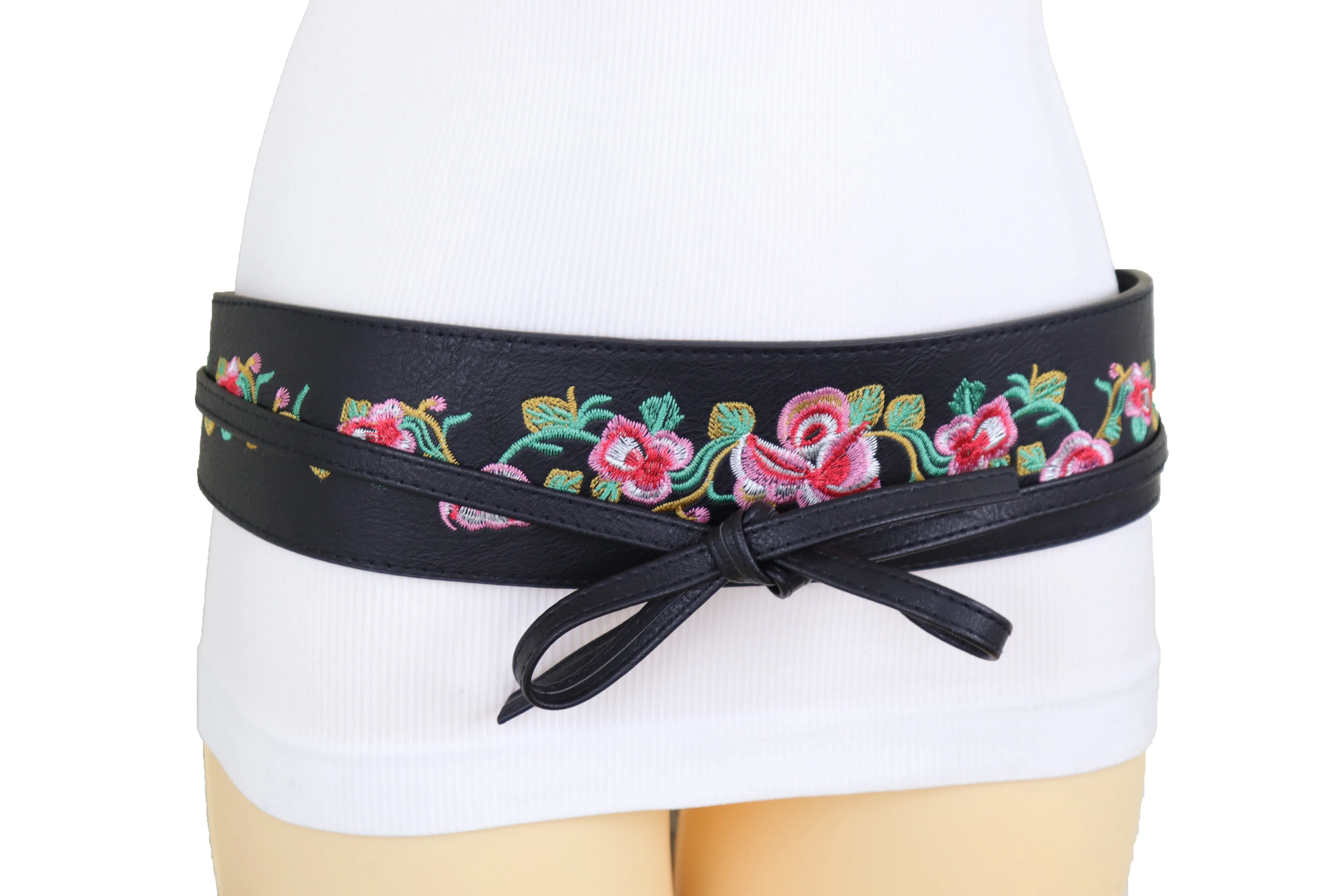 Wide Black Faux Leather Wrap Around Tie Fashion Belt Hip Waist Flowers S M