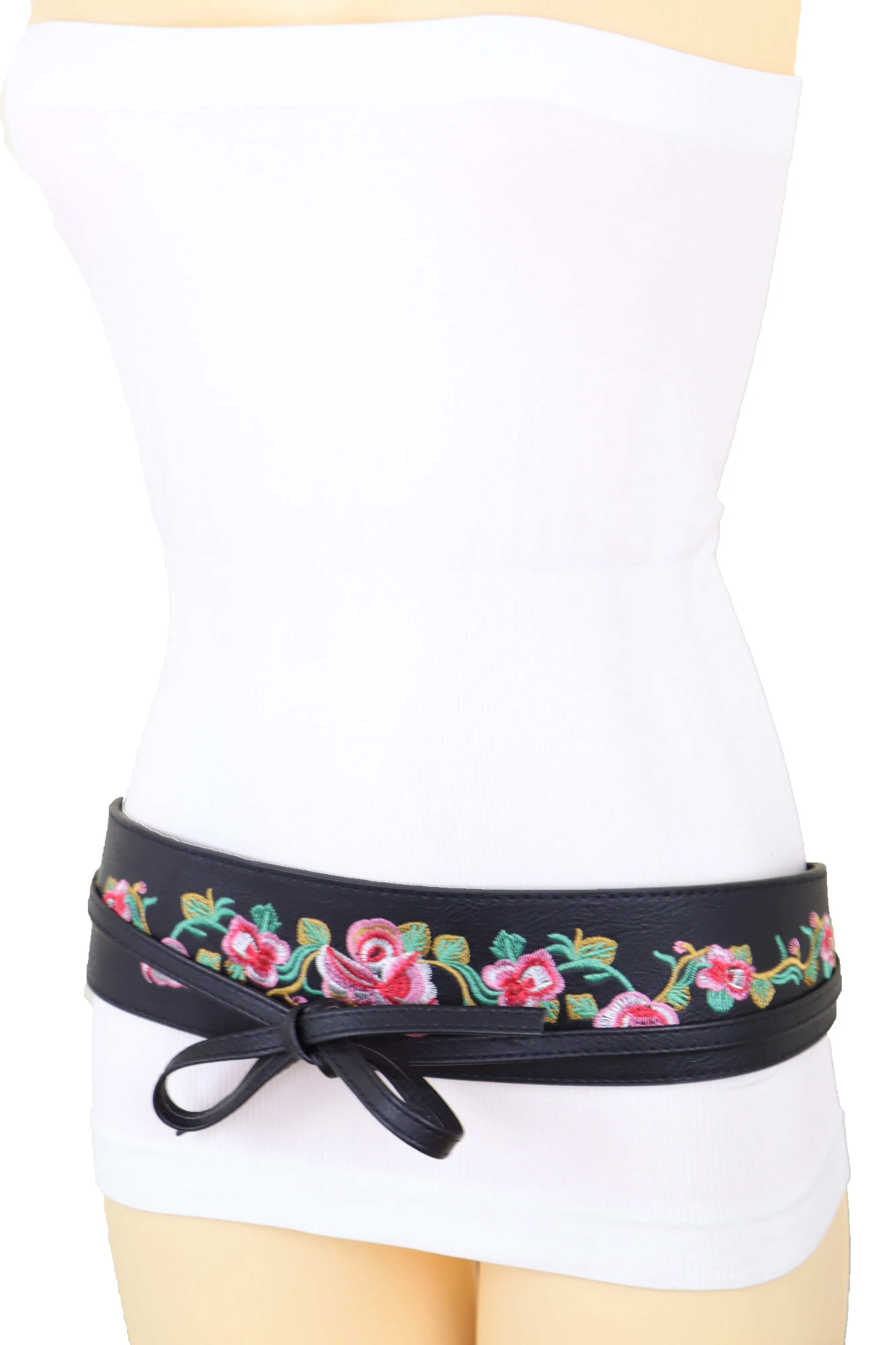 Wide Black Faux Leather Wrap Around Tie Fashion Belt Hip Waist Flowers S M