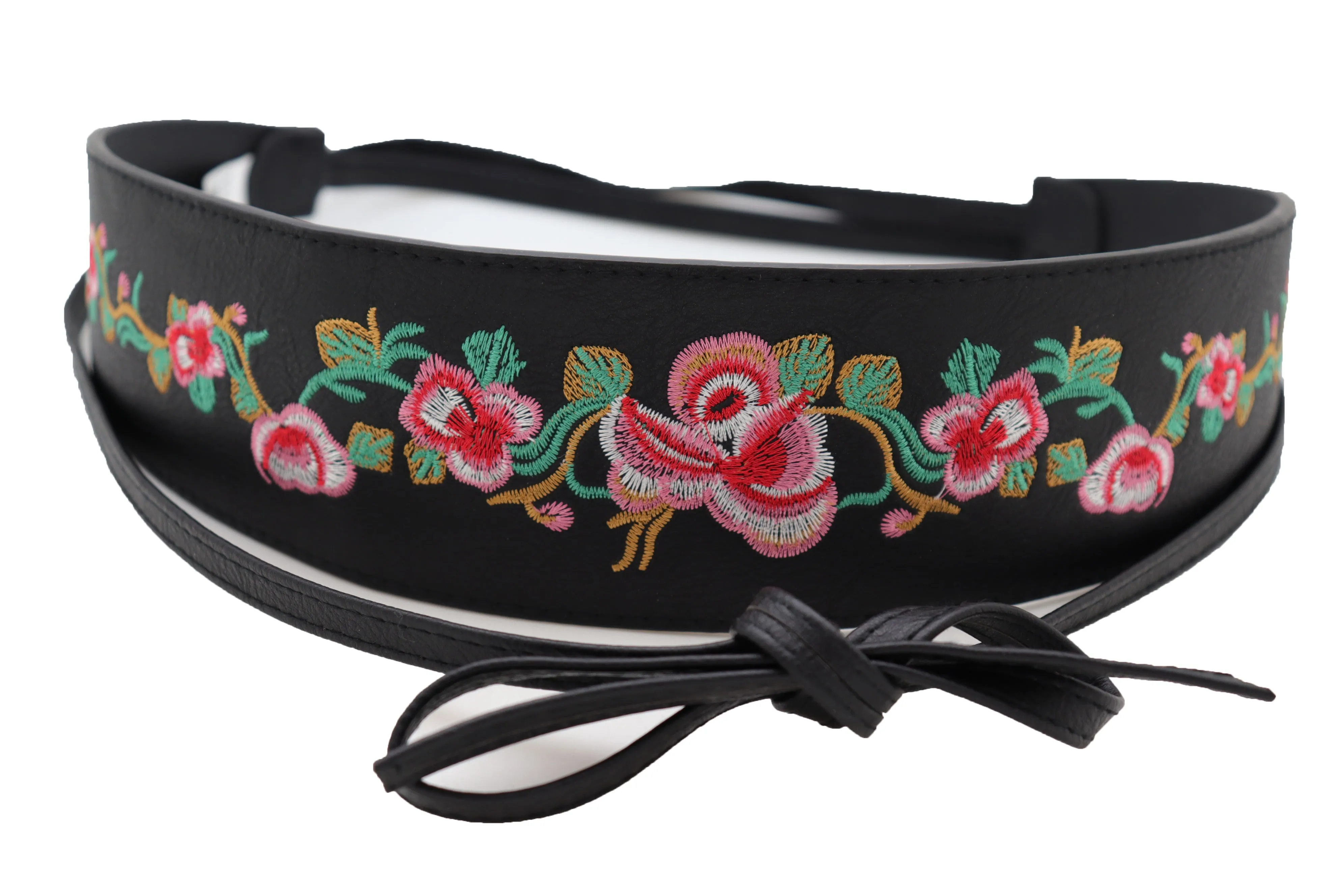 Wide Black Faux Leather Wrap Around Tie Fashion Belt Hip Waist Flowers S M