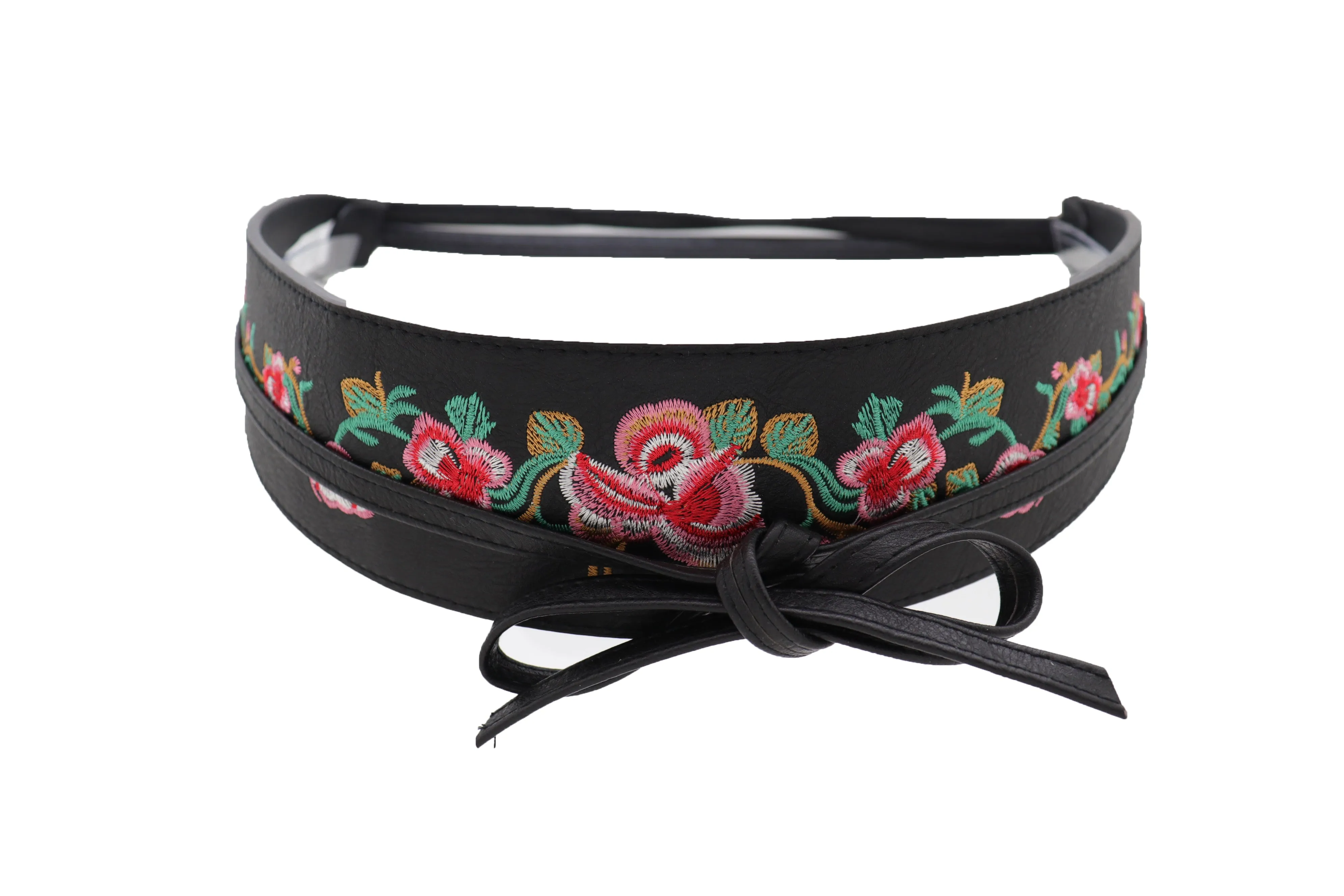 Wide Black Faux Leather Wrap Around Tie Fashion Belt Hip Waist Flowers S M