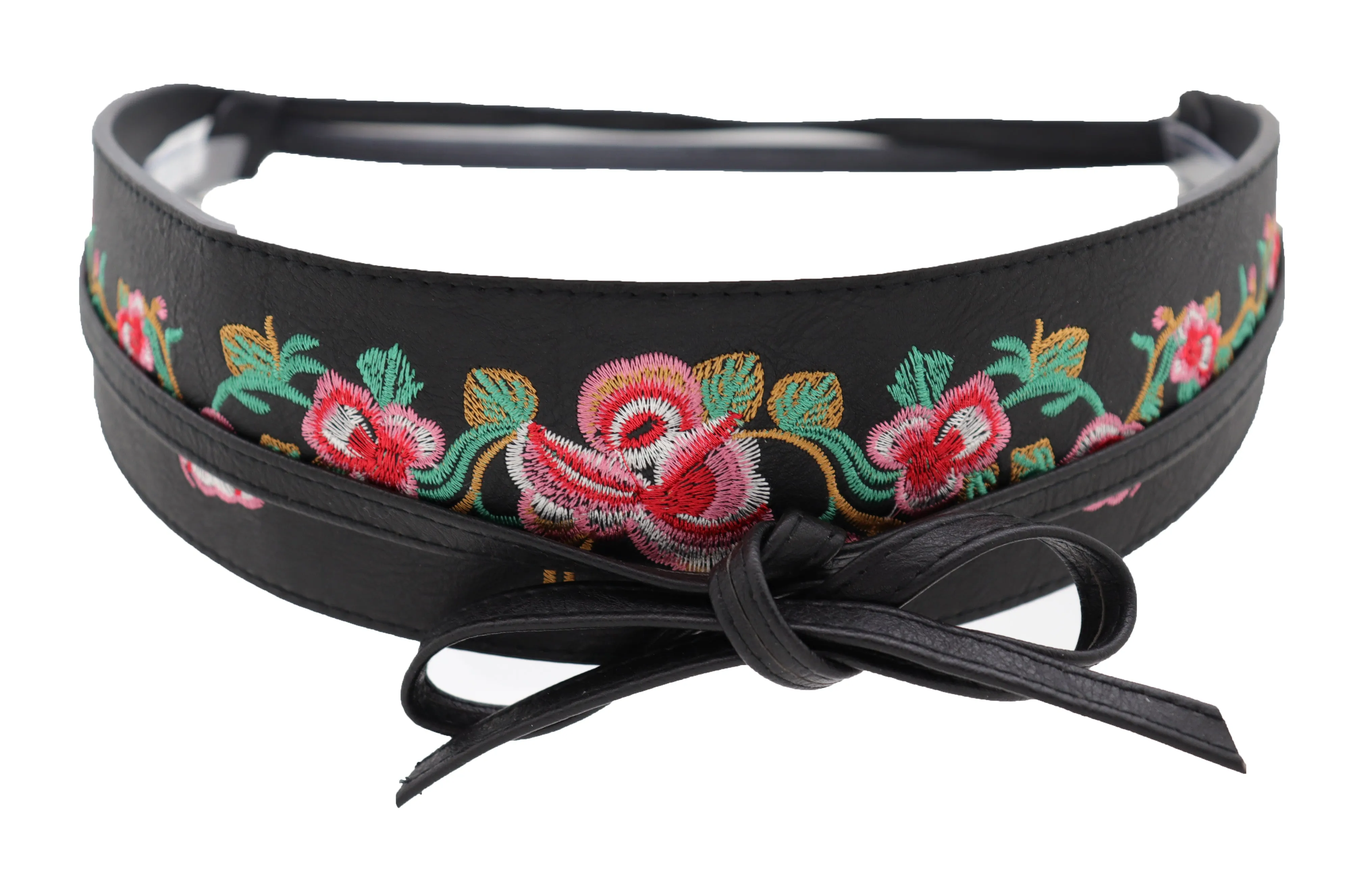 Wide Black Faux Leather Wrap Around Tie Fashion Belt Hip Waist Flowers S M