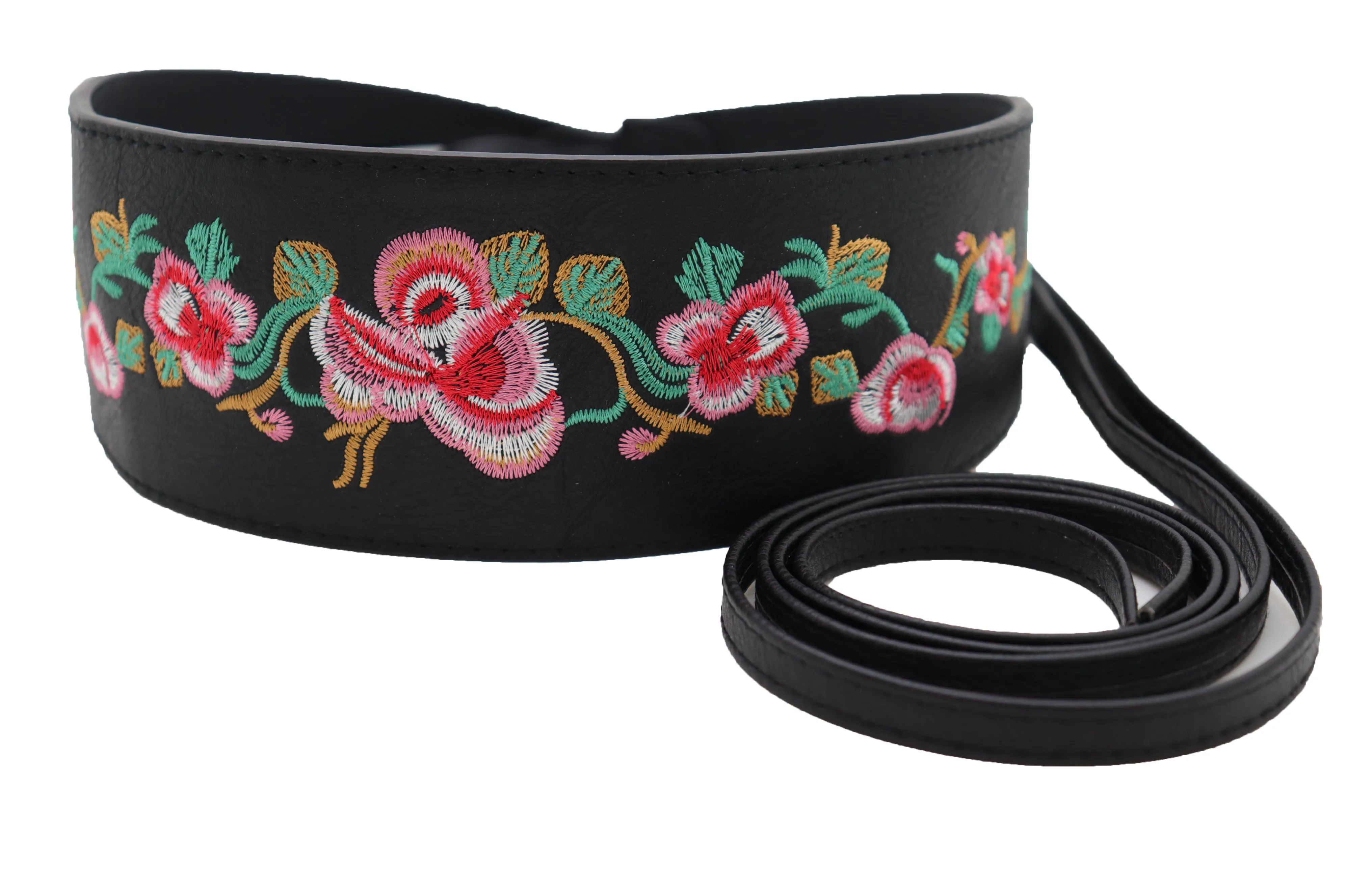 Wide Black Faux Leather Wrap Around Tie Fashion Belt Hip Waist Flowers S M