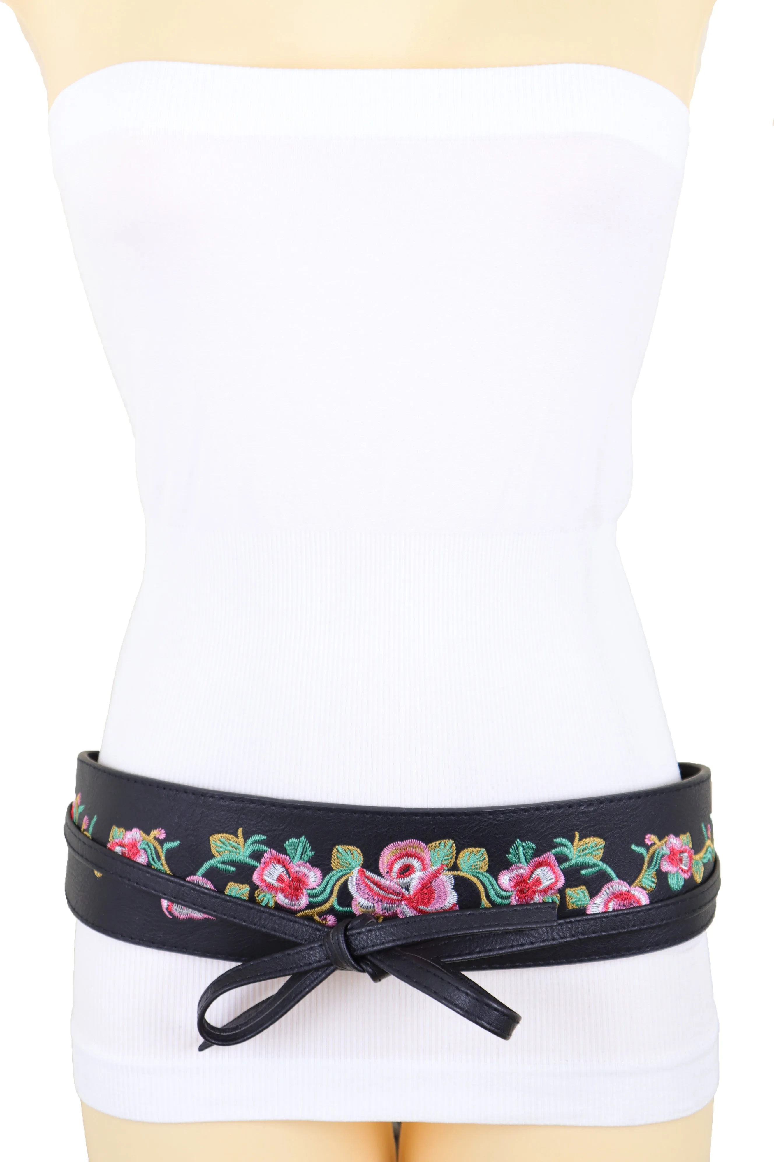 Wide Black Faux Leather Wrap Around Tie Fashion Belt Hip Waist Flowers S M