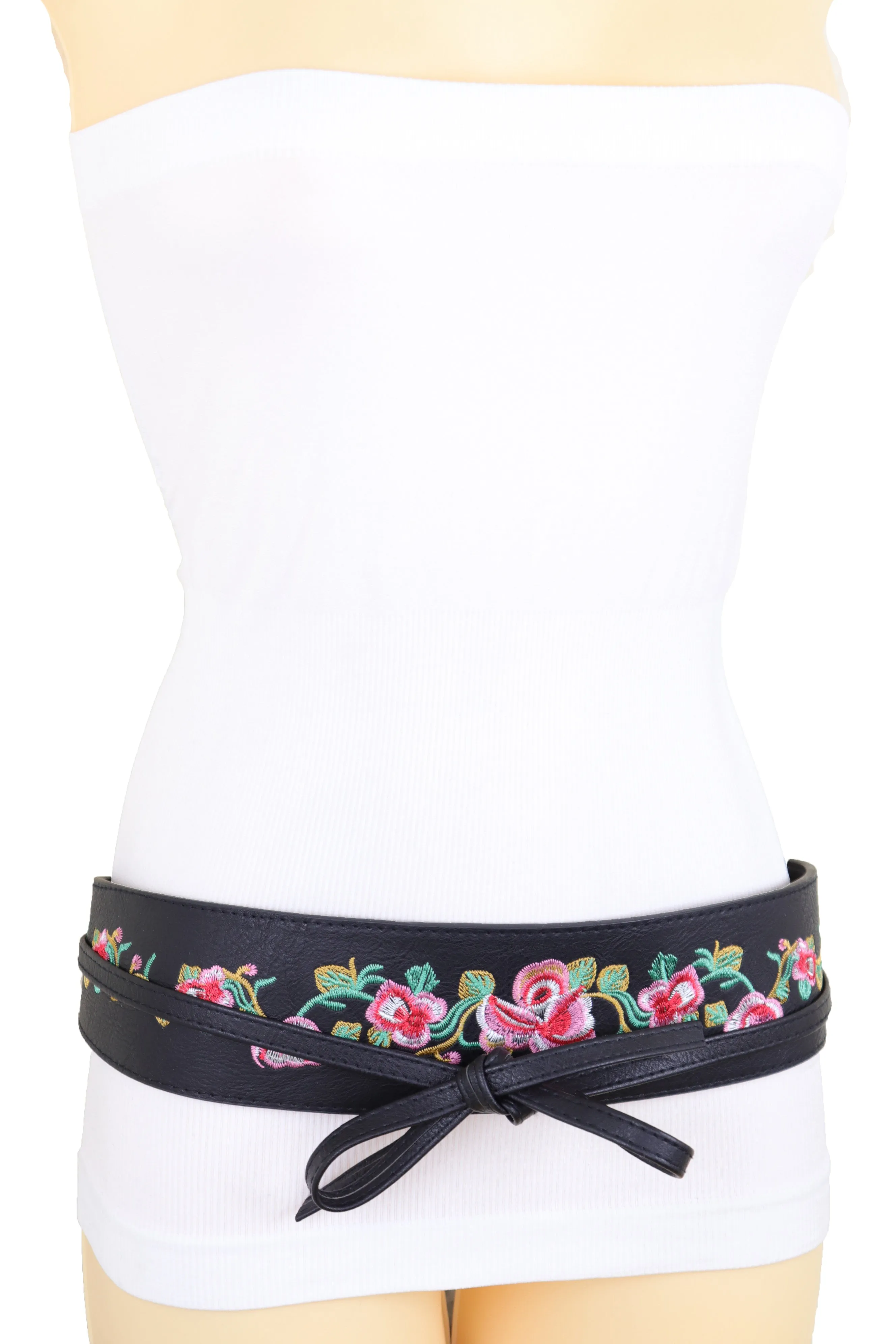 Wide Black Faux Leather Wrap Around Tie Fashion Belt Hip Waist Flowers S M