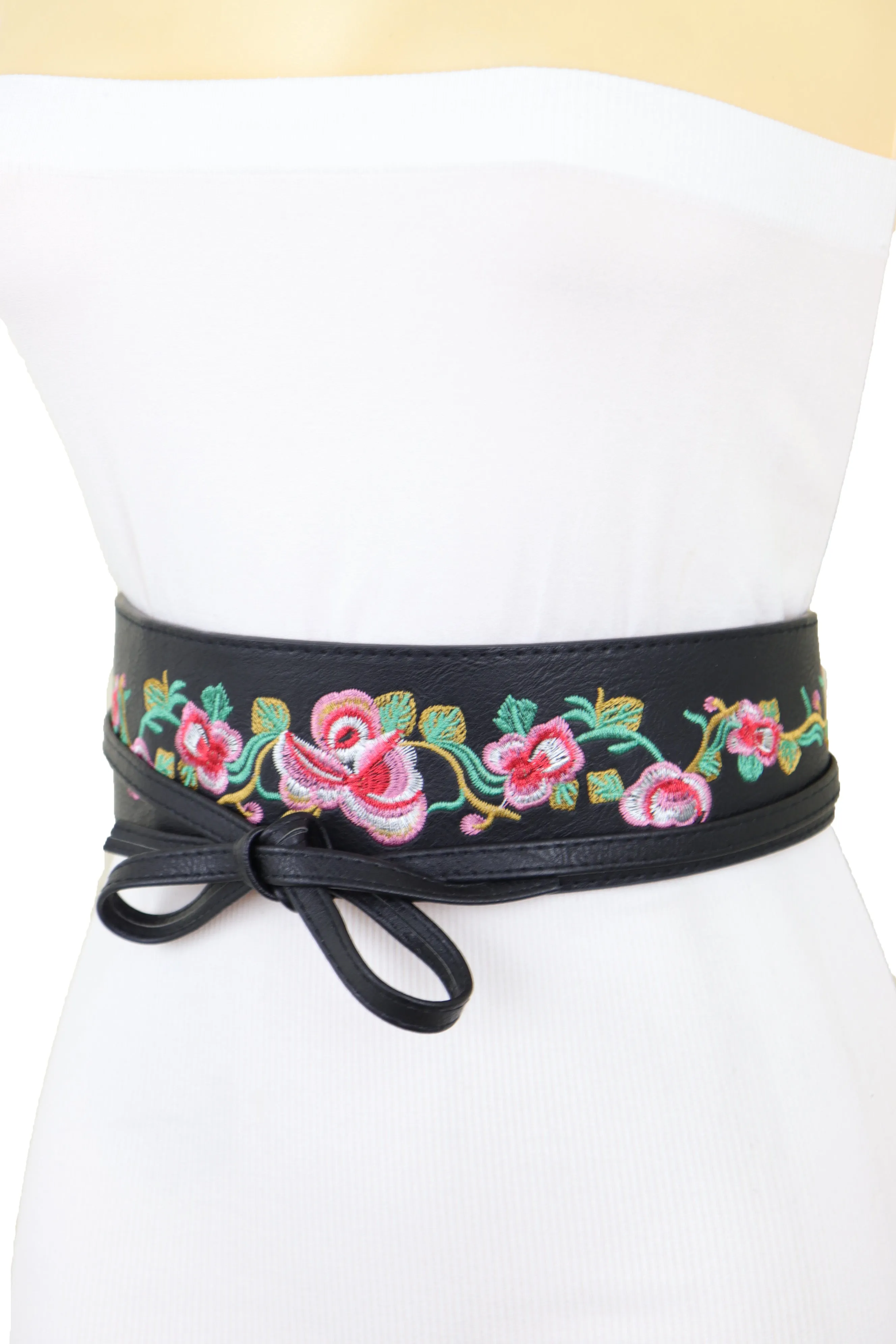 Wide Black Faux Leather Wrap Around Tie Fashion Belt Hip Waist Flowers S M