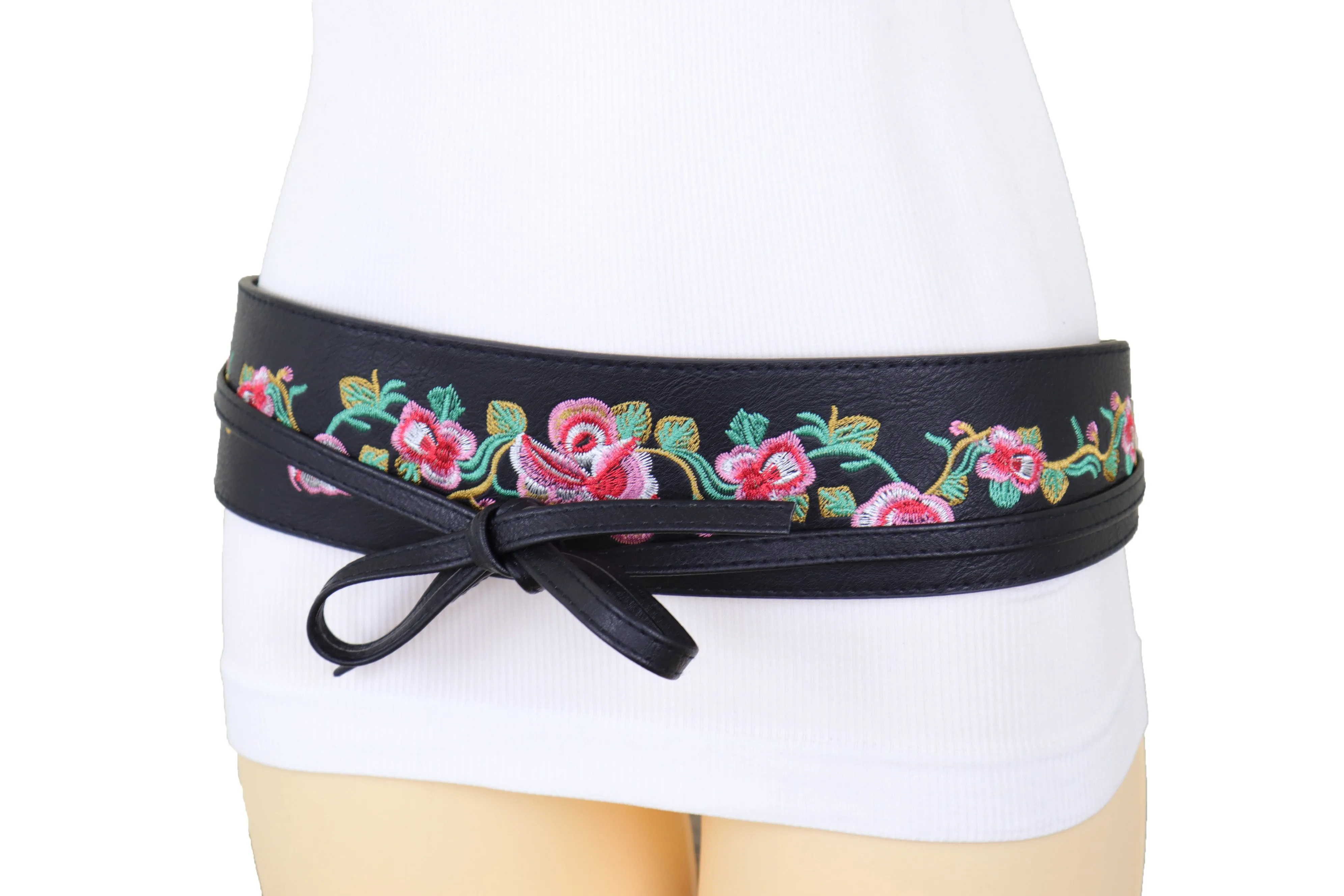 Wide Black Faux Leather Wrap Around Tie Fashion Belt Hip Waist Flowers S M