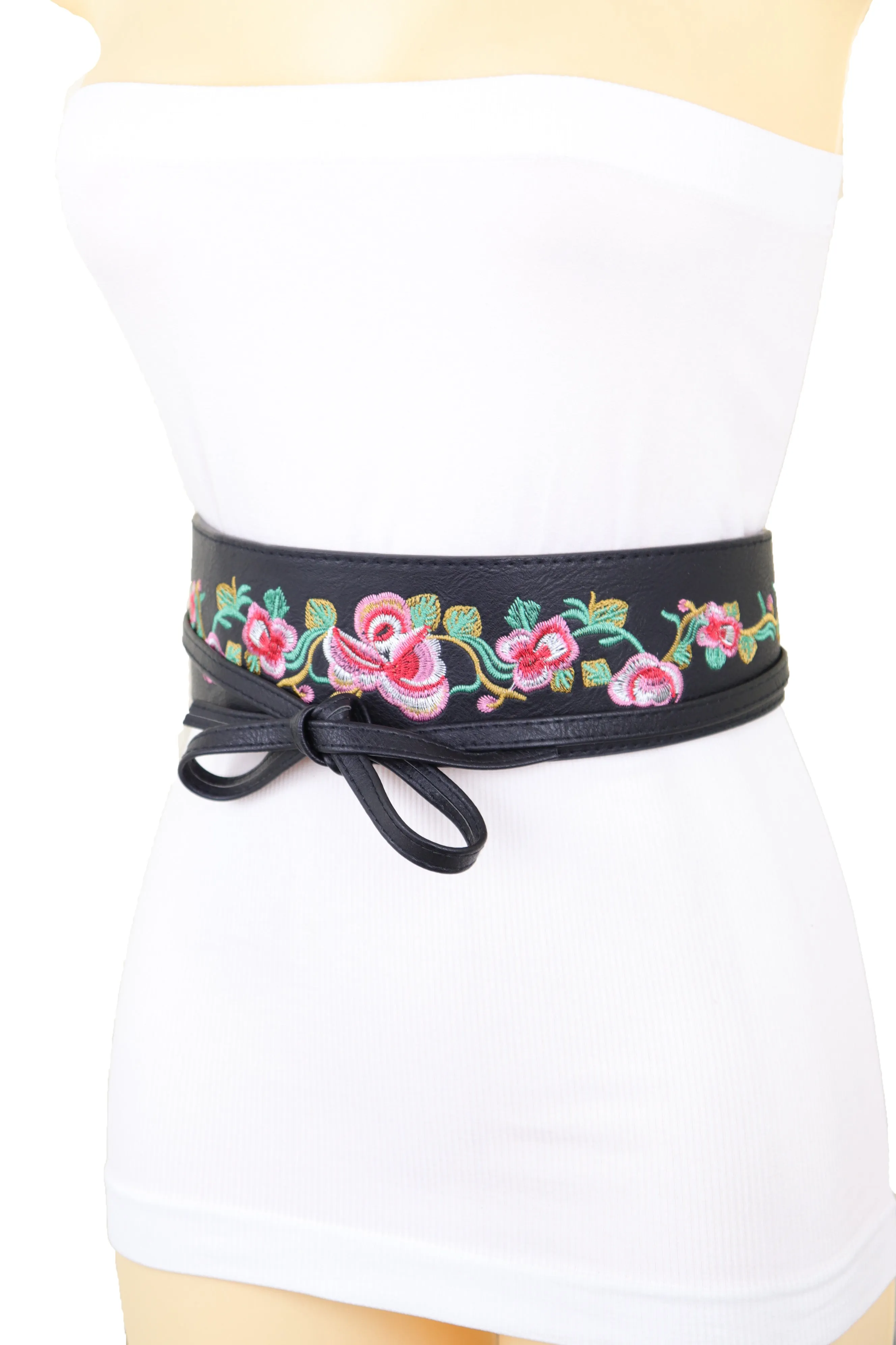 Wide Black Faux Leather Wrap Around Tie Fashion Belt Hip Waist Flowers S M
