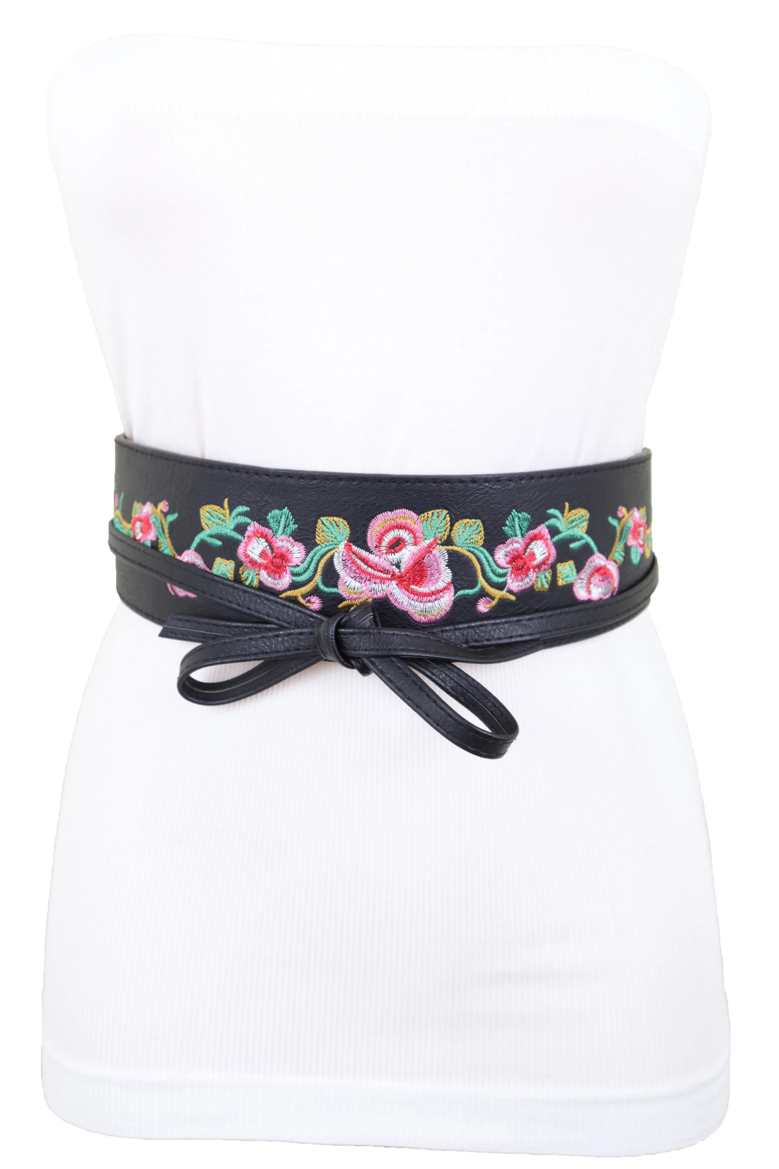 Wide Black Faux Leather Wrap Around Tie Fashion Belt Hip Waist Flowers S M