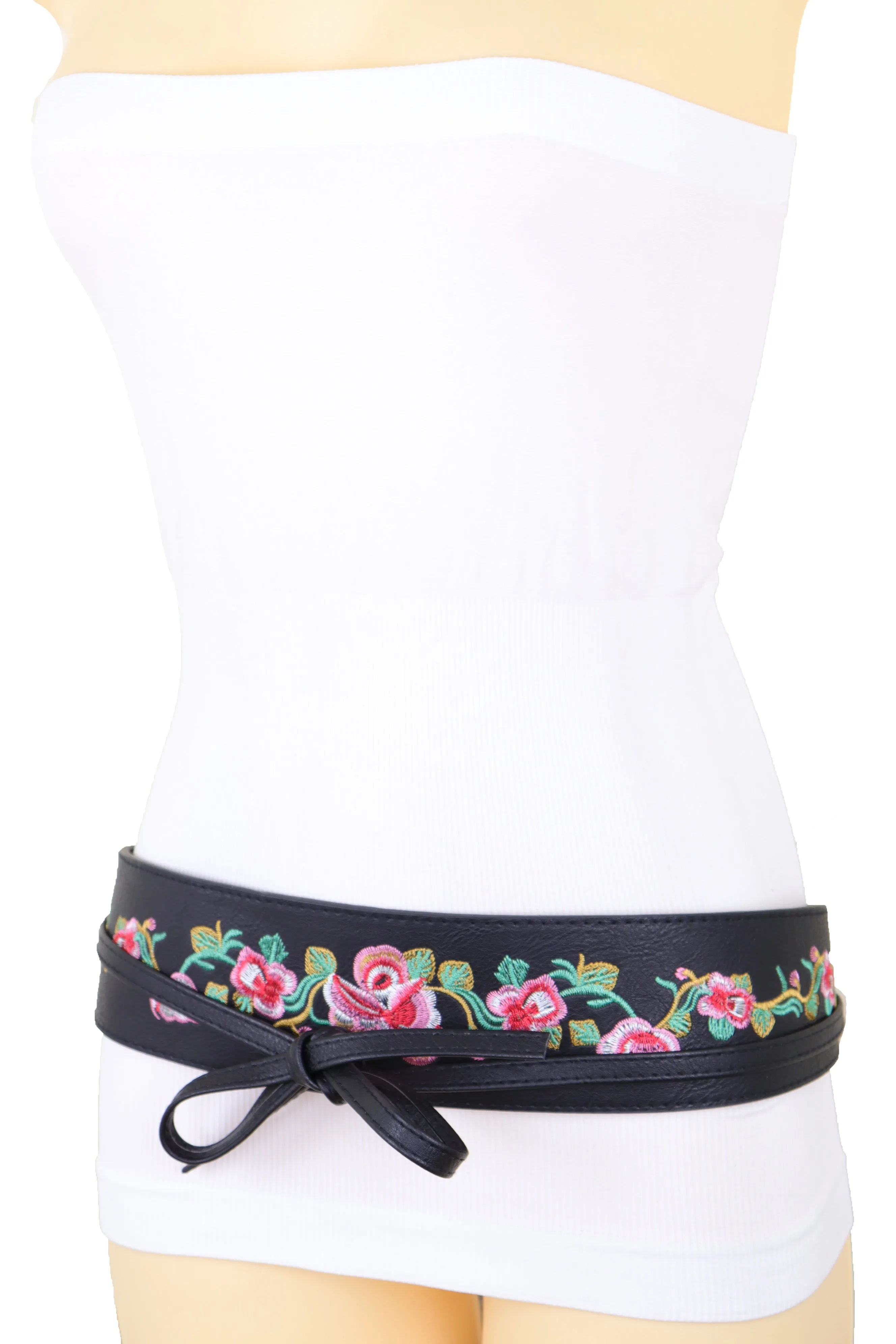 Wide Black Faux Leather Wrap Around Tie Fashion Belt Hip Waist Flowers S M