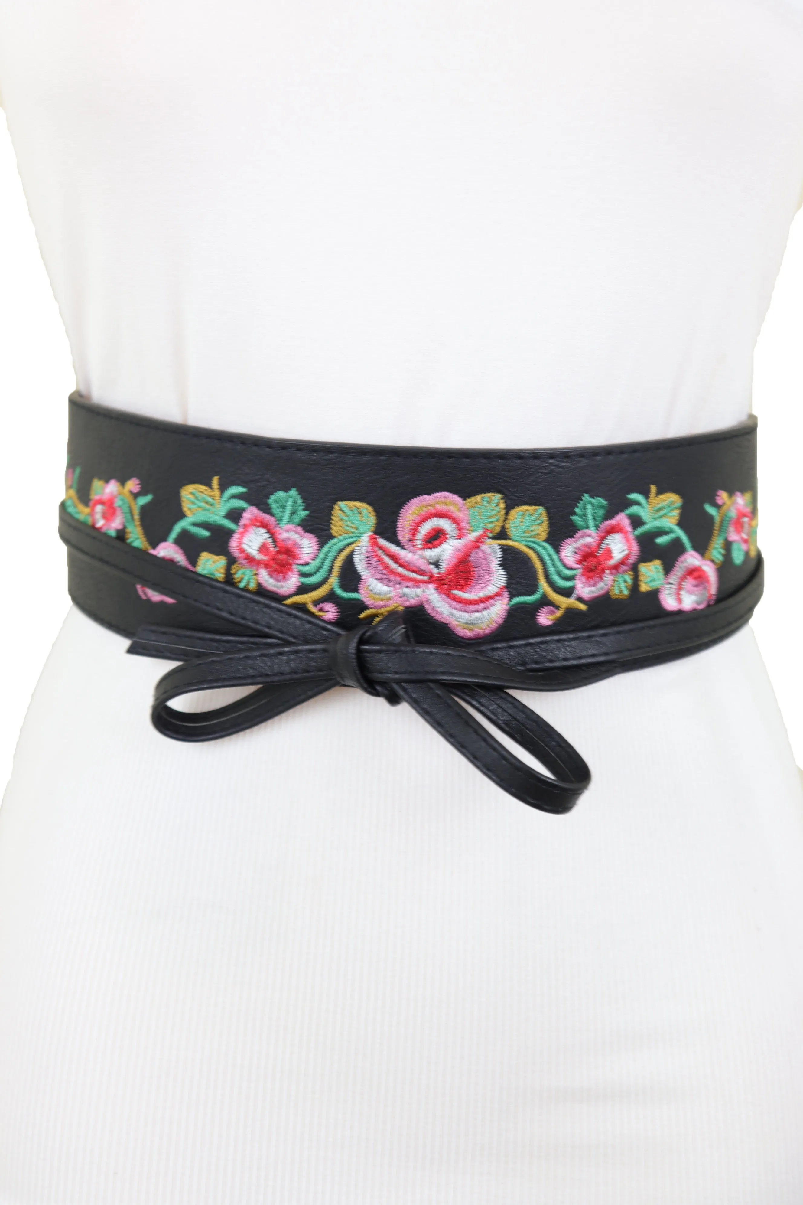Wide Black Faux Leather Wrap Around Tie Fashion Belt Hip Waist Flowers S M