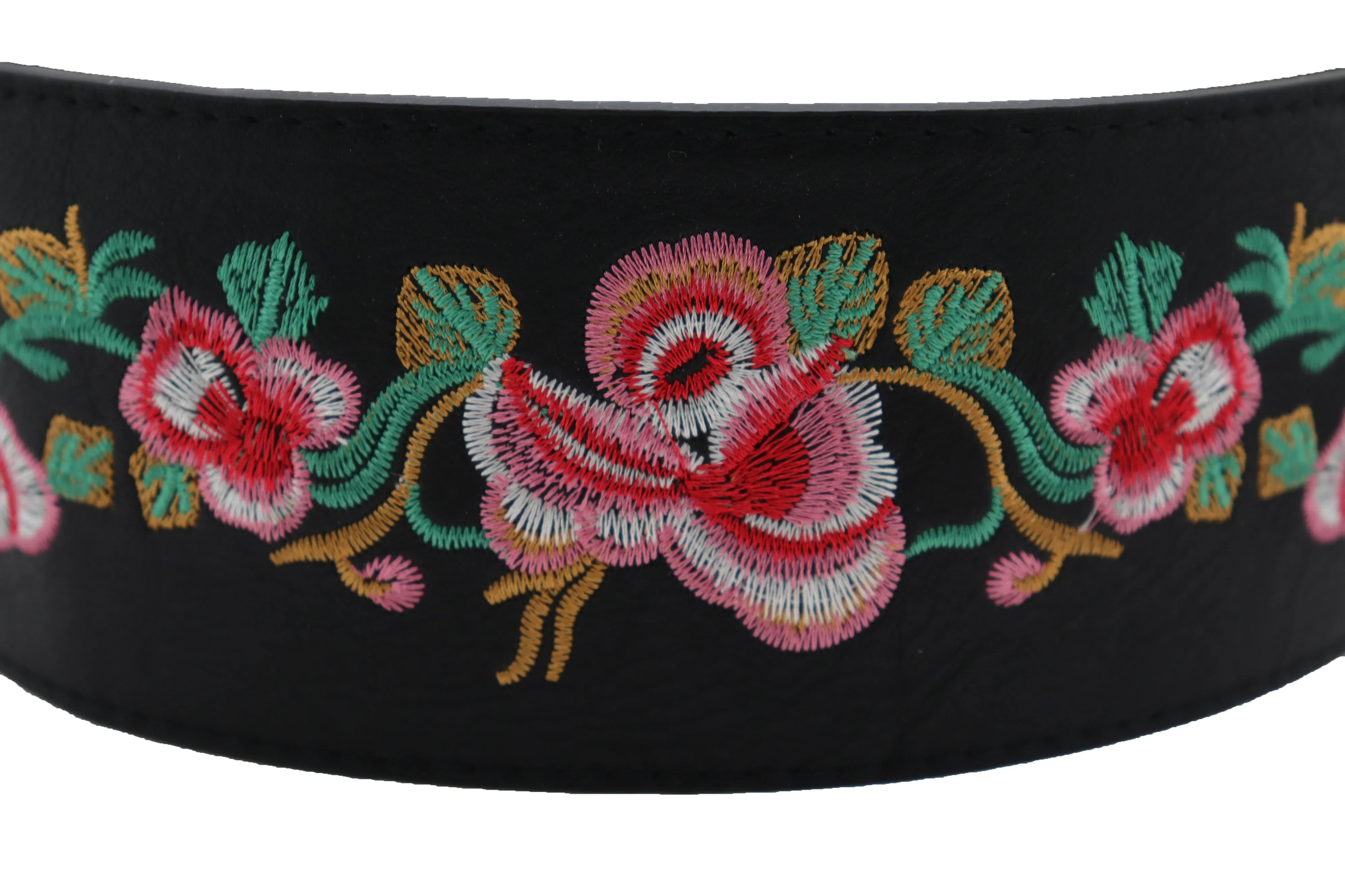 Wide Black Faux Leather Wrap Around Tie Fashion Belt Hip Waist Flowers S M
