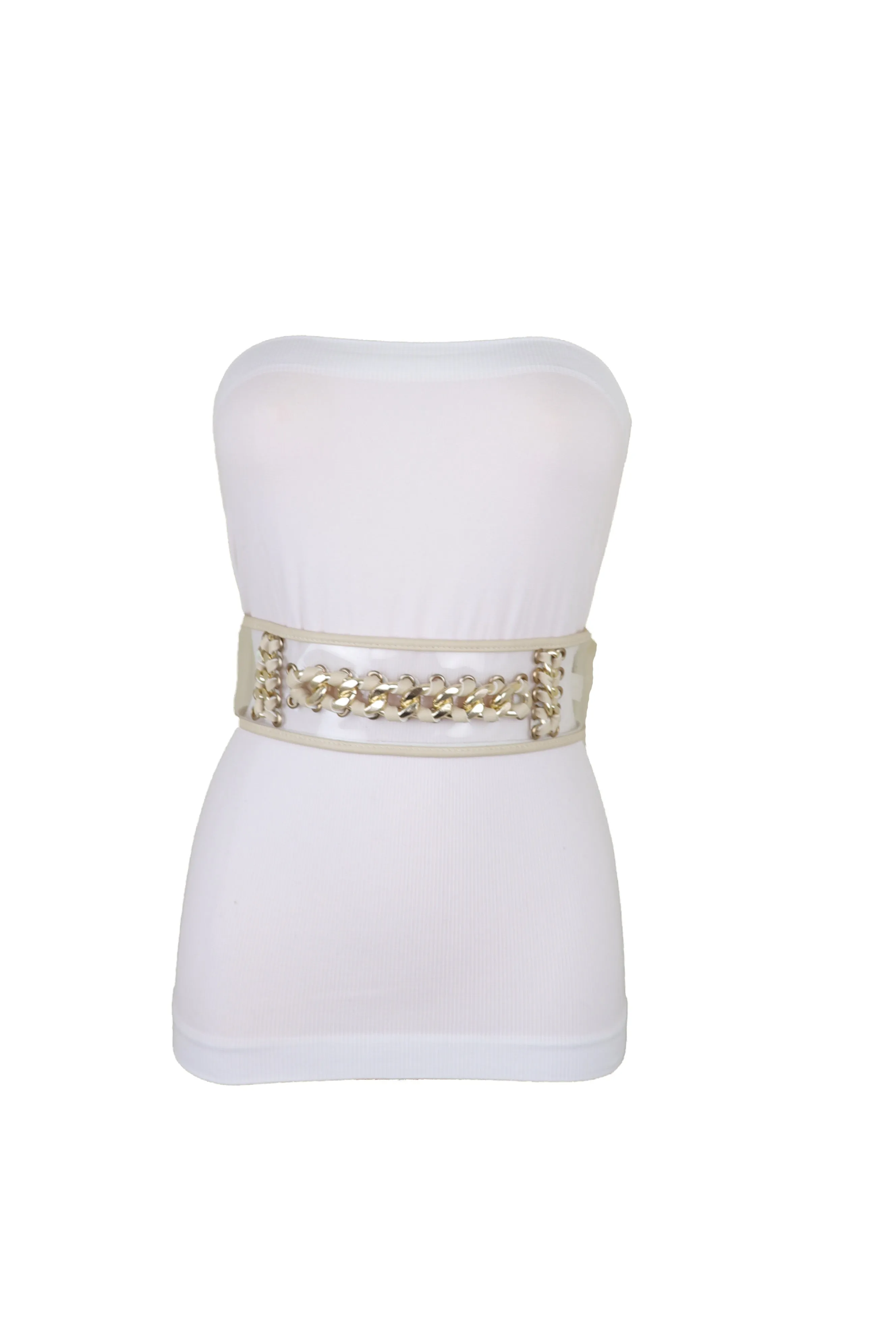Wide Cream Elastic Fashion Belt High Waist Hip Gold Metal Chain Links S M