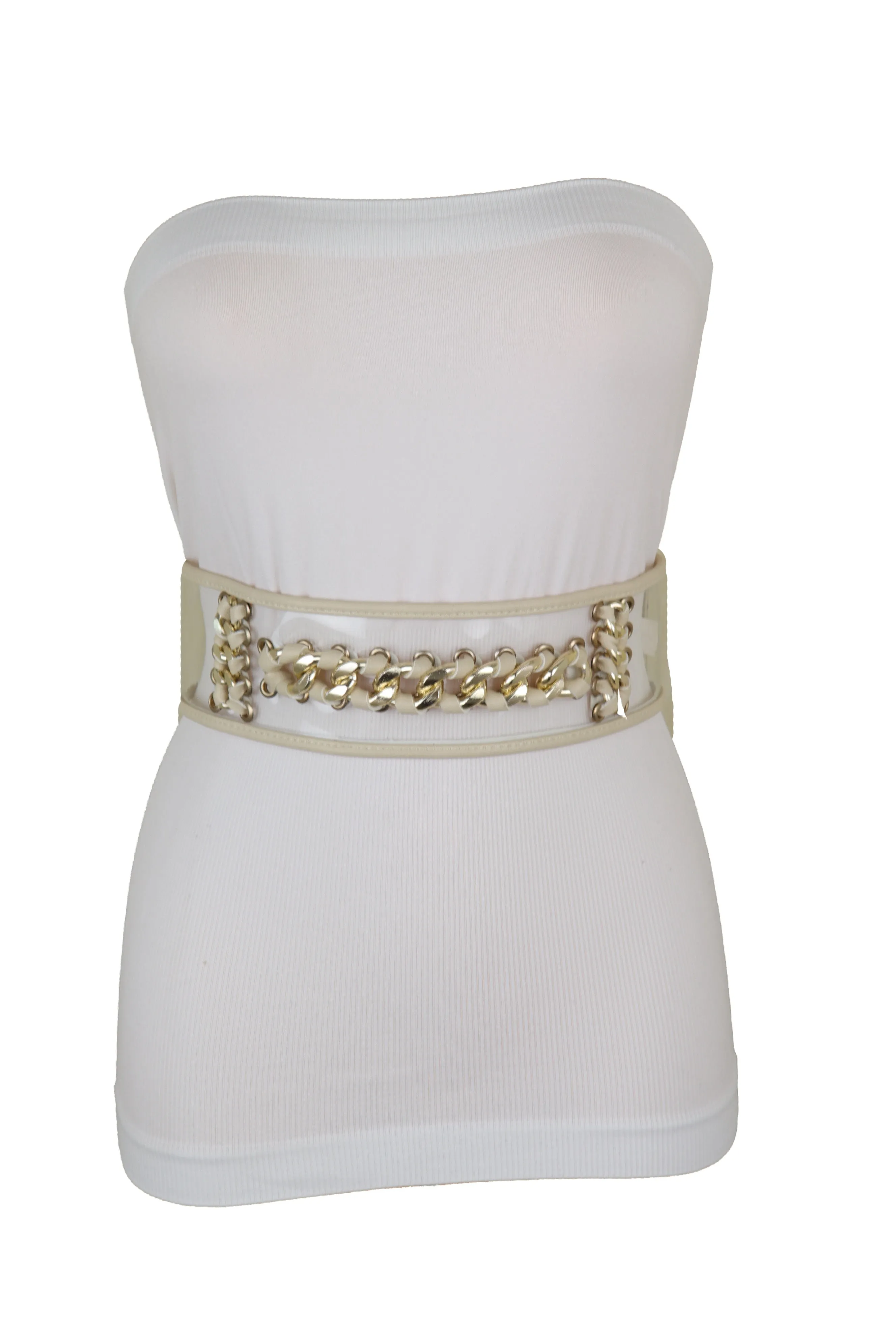Wide Cream Elastic Fashion Belt High Waist Hip Gold Metal Chain Links S M