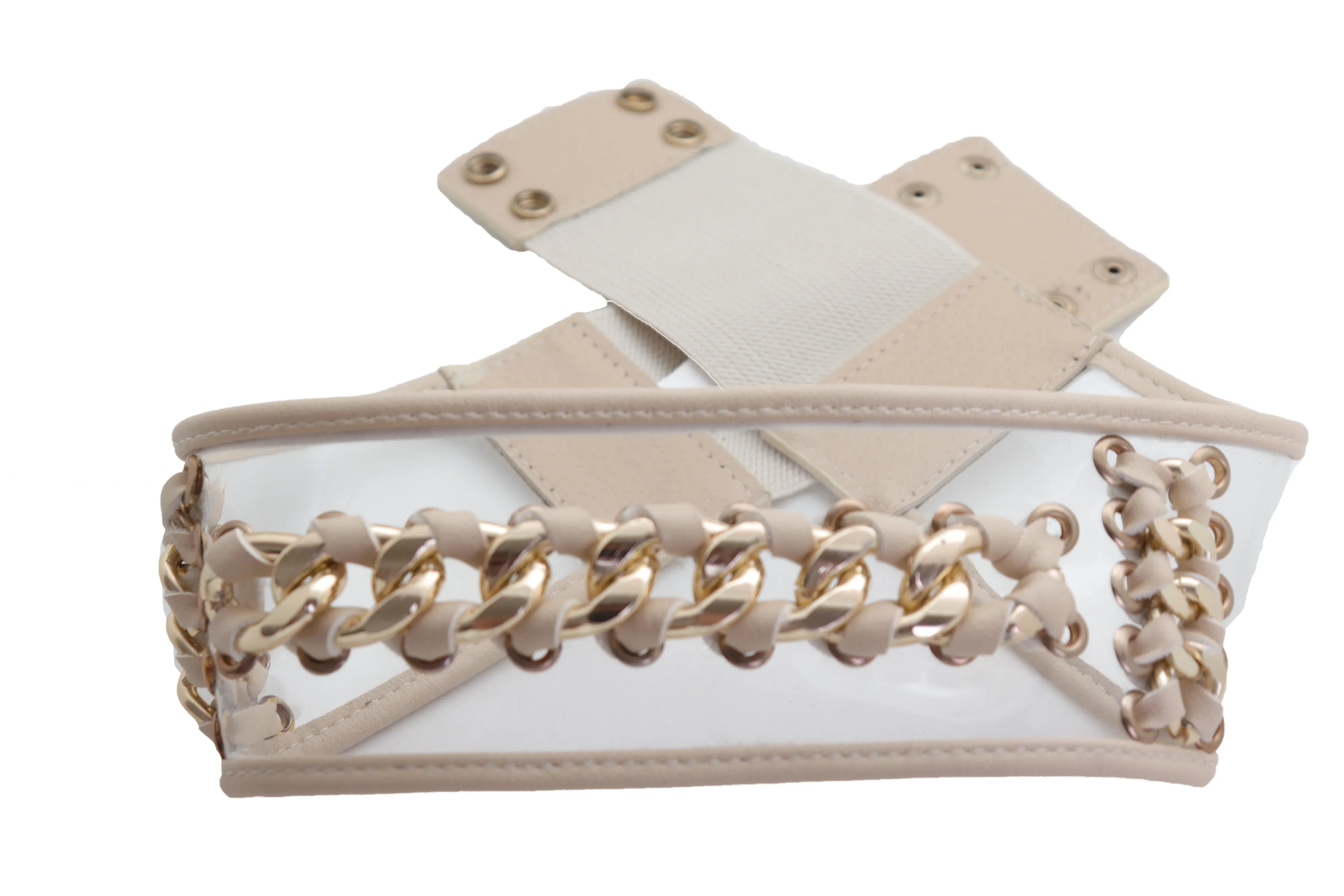 Wide Cream Elastic Fashion Belt High Waist Hip Gold Metal Chain Links S M