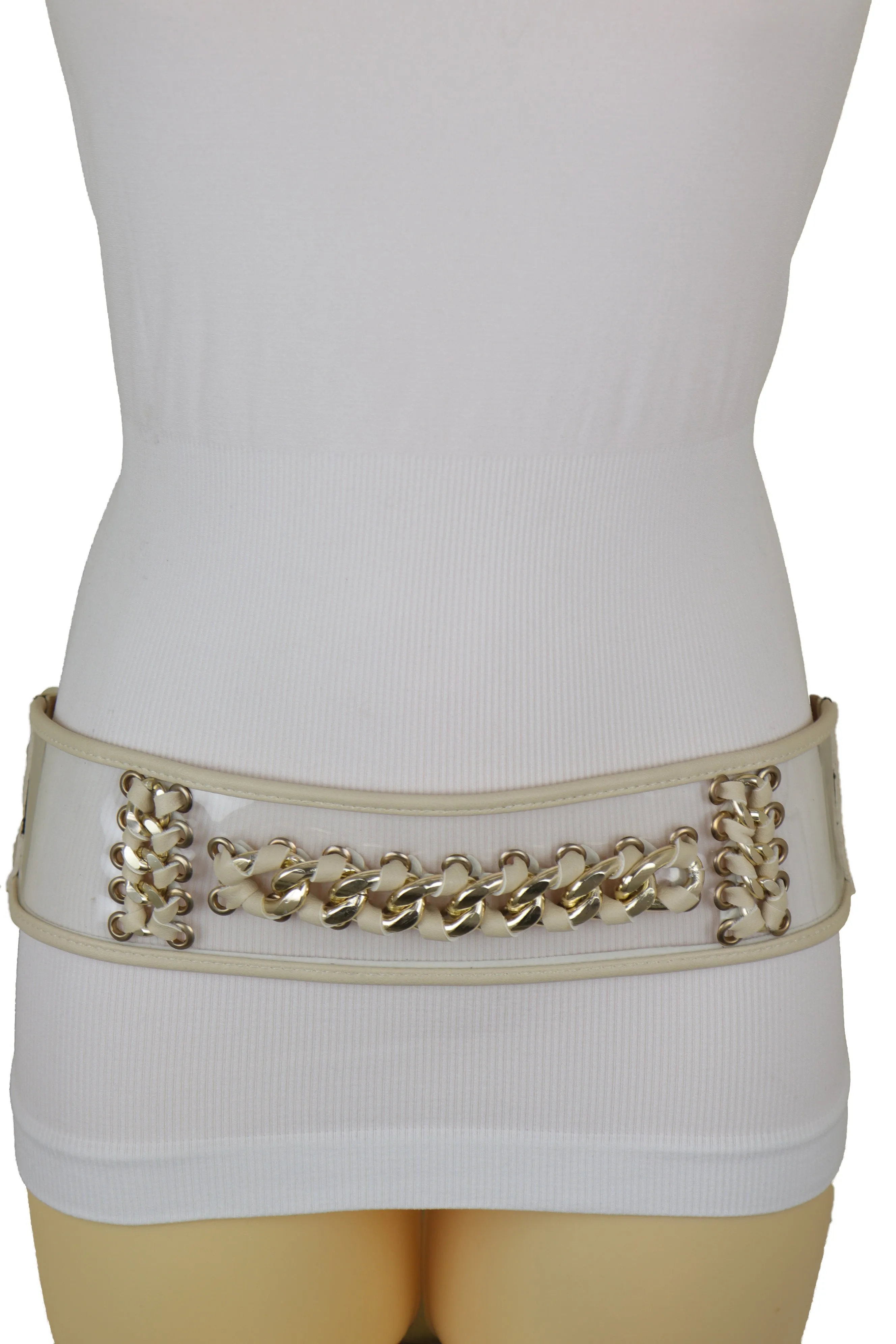 Wide Cream Elastic Fashion Belt High Waist Hip Gold Metal Chain Links S M