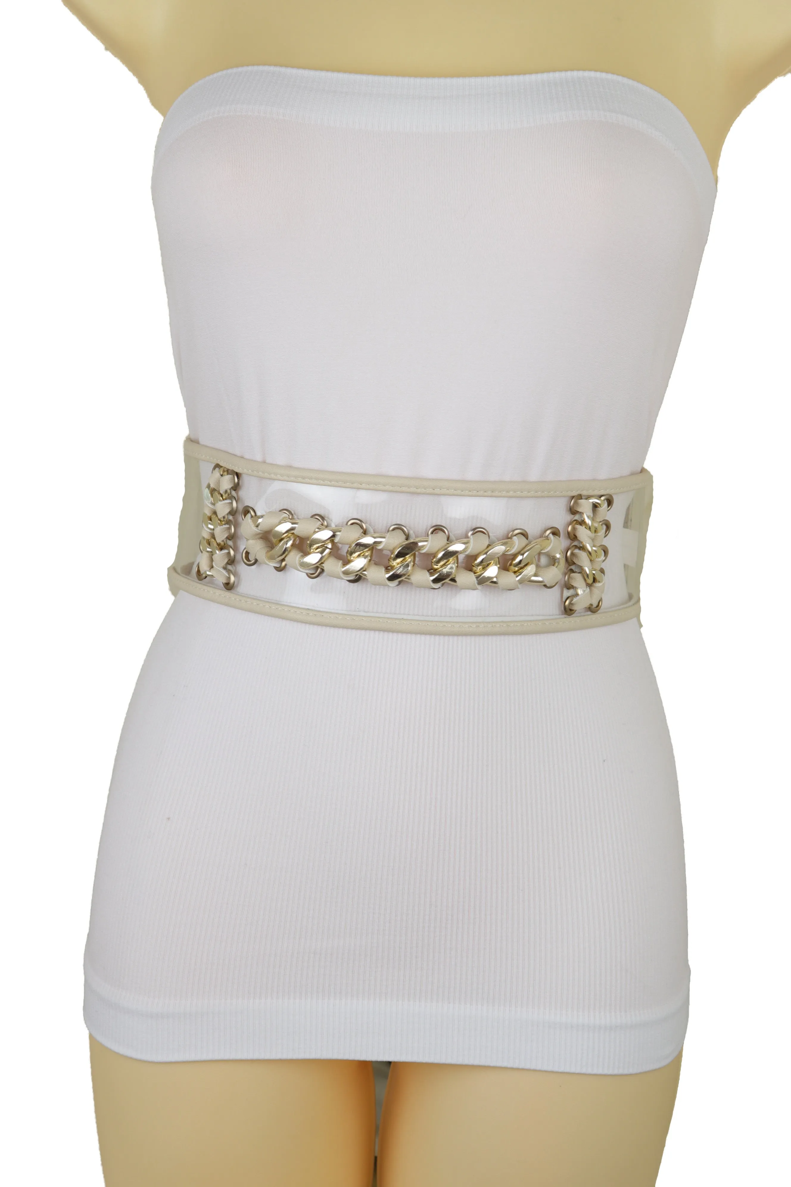 Wide Cream Elastic Fashion Belt High Waist Hip Gold Metal Chain Links S M