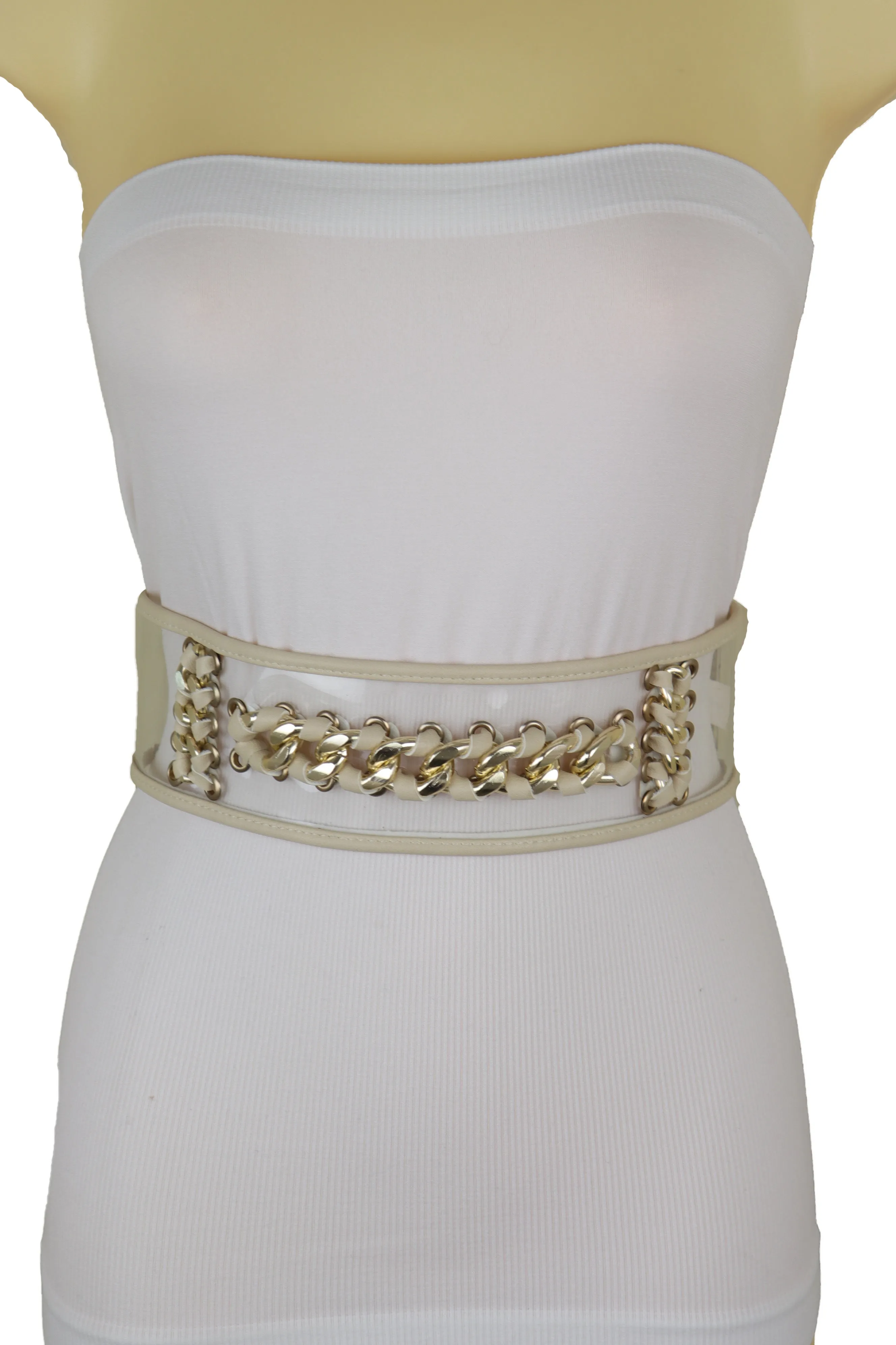 Wide Cream Elastic Fashion Belt High Waist Hip Gold Metal Chain Links S M