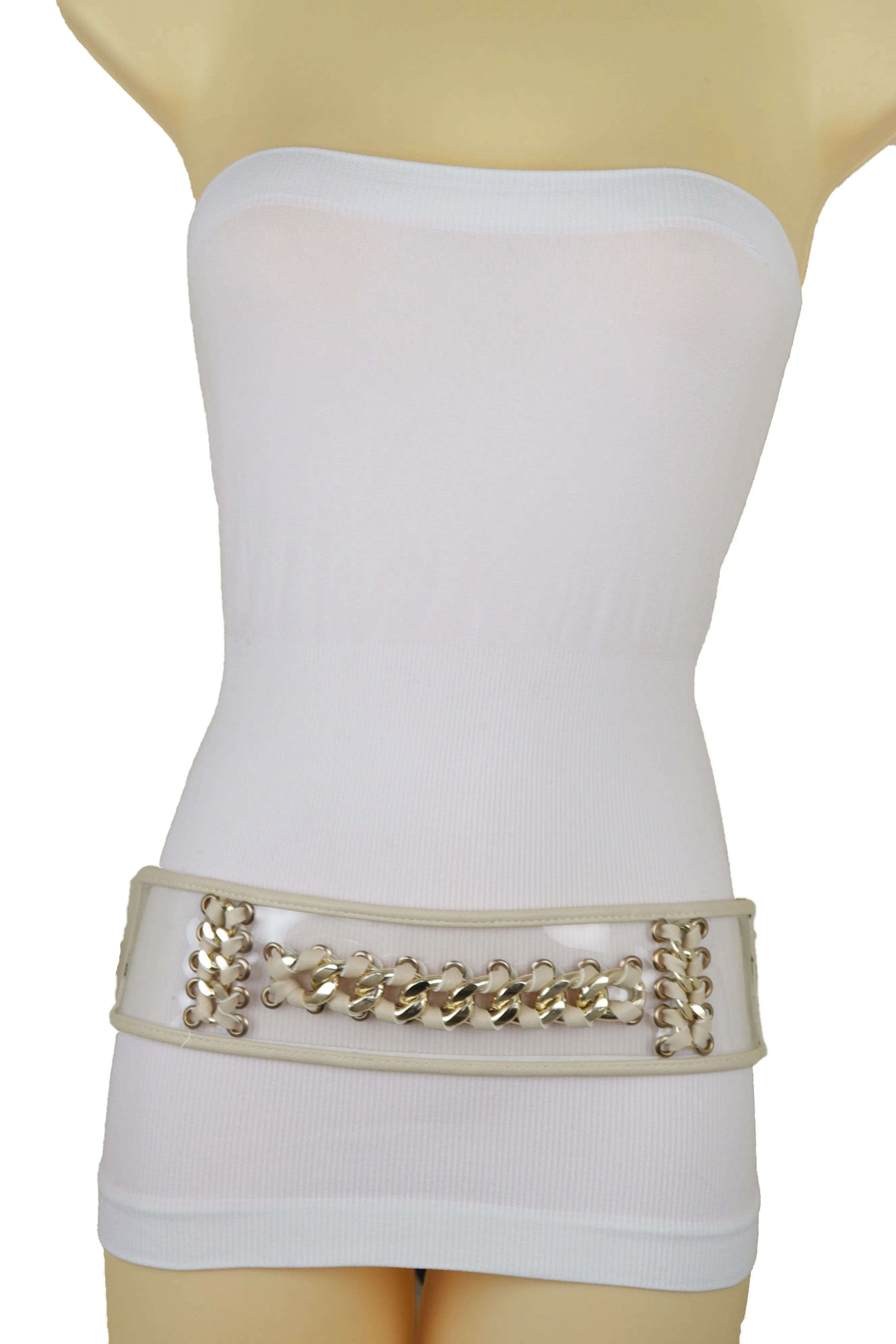 Wide Cream Elastic Fashion Belt High Waist Hip Gold Metal Chain Links S M