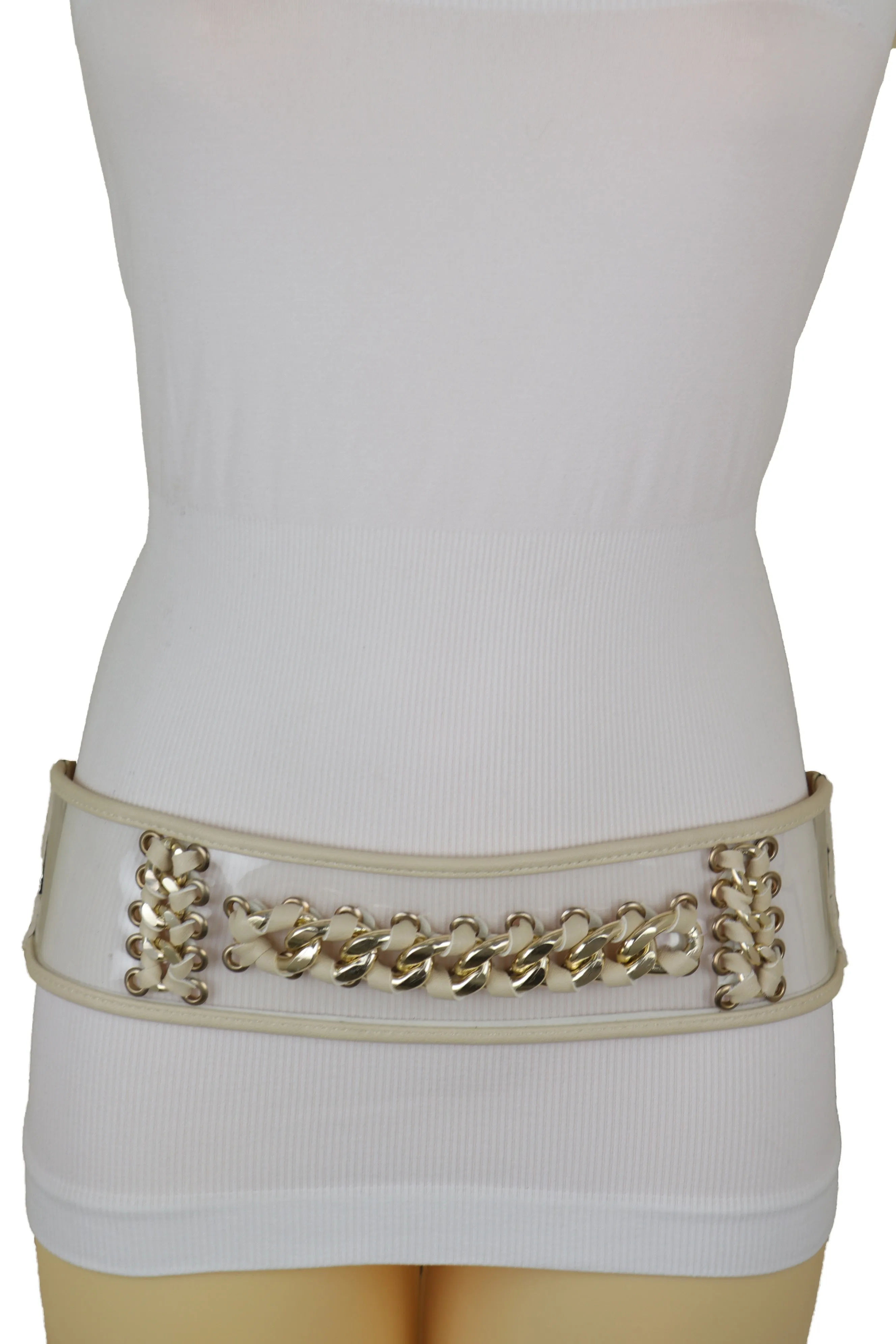 Wide Cream Elastic Fashion Belt High Waist Hip Gold Metal Chain Links S M