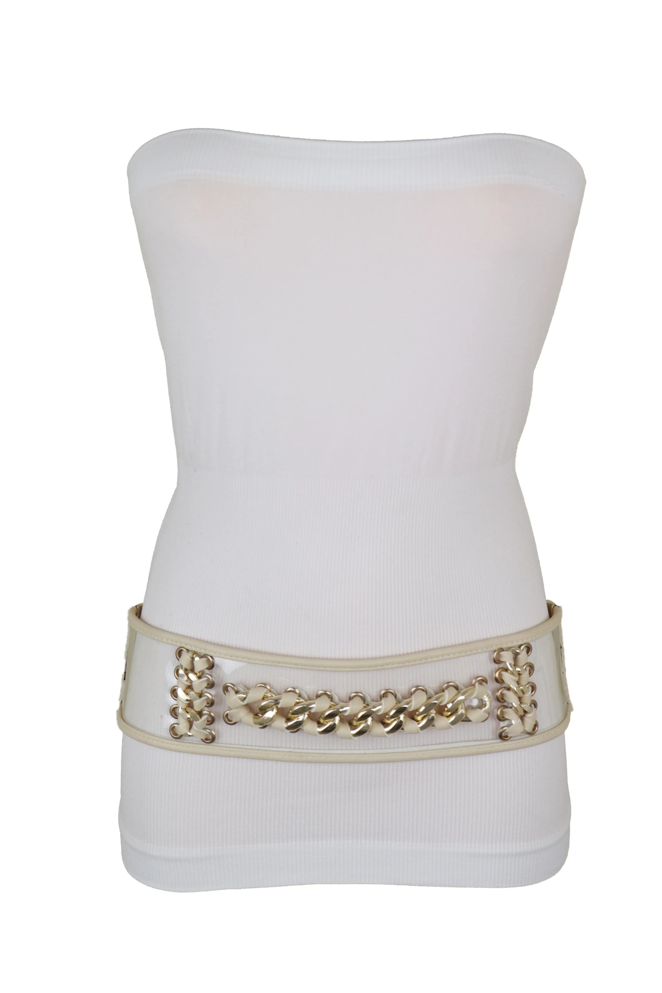 Wide Cream Elastic Fashion Belt High Waist Hip Gold Metal Chain Links S M
