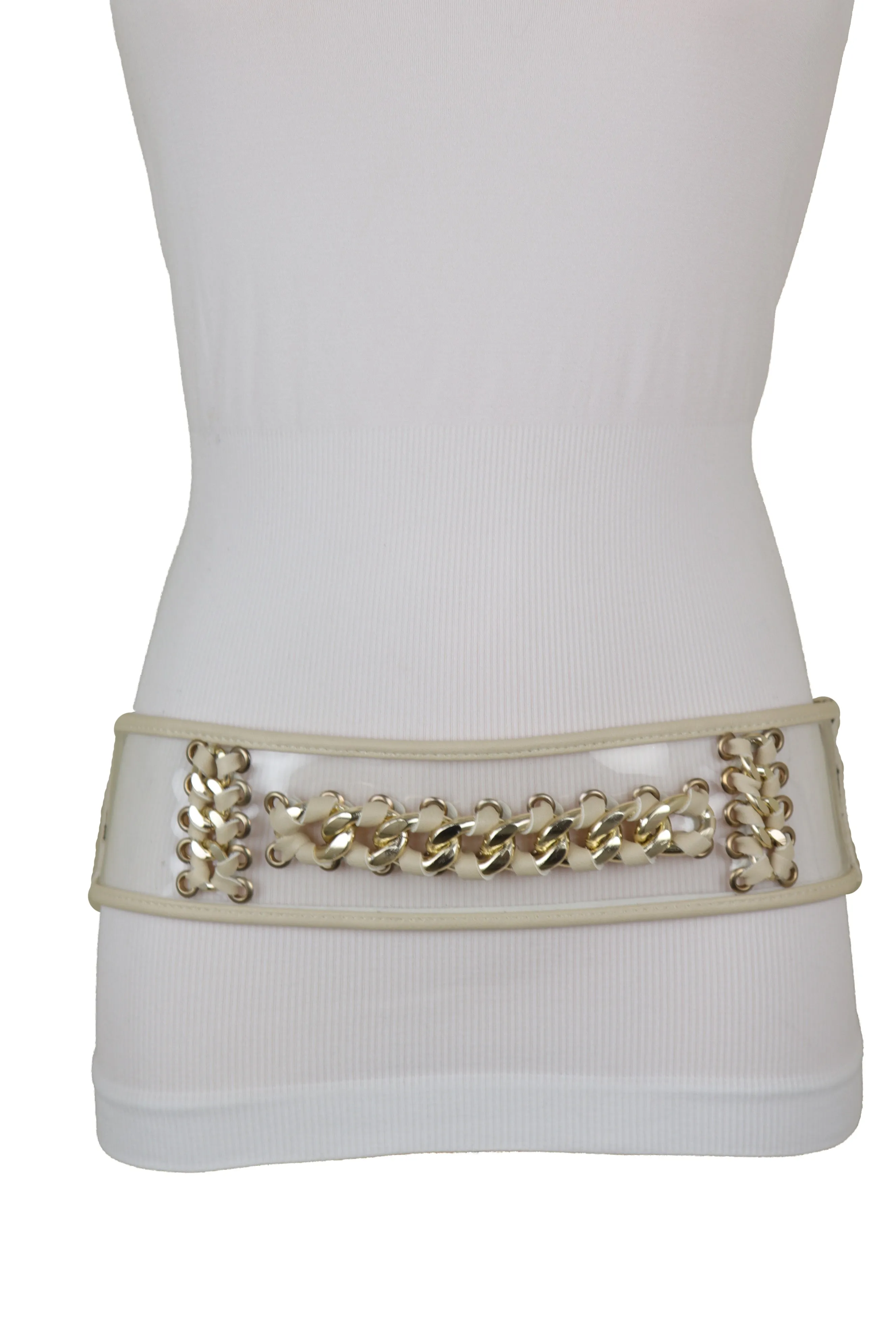 Wide Cream Elastic Fashion Belt High Waist Hip Gold Metal Chain Links S M