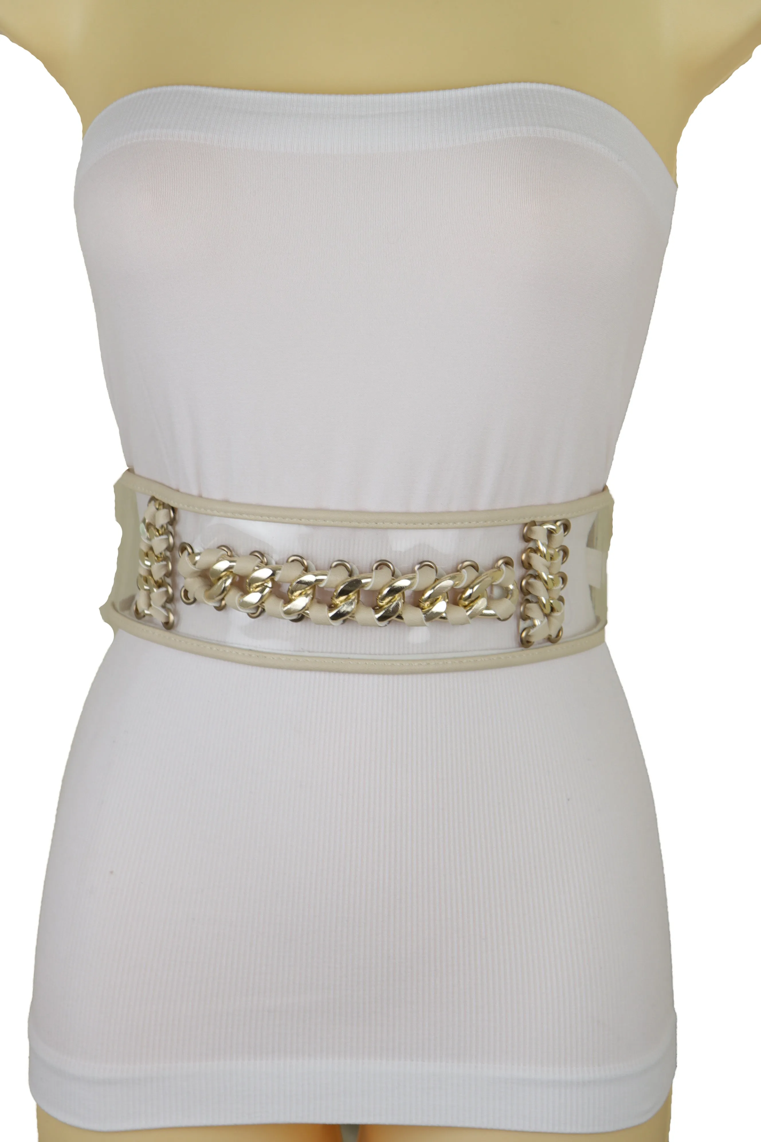 Wide Cream Elastic Fashion Belt High Waist Hip Gold Metal Chain Links S M
