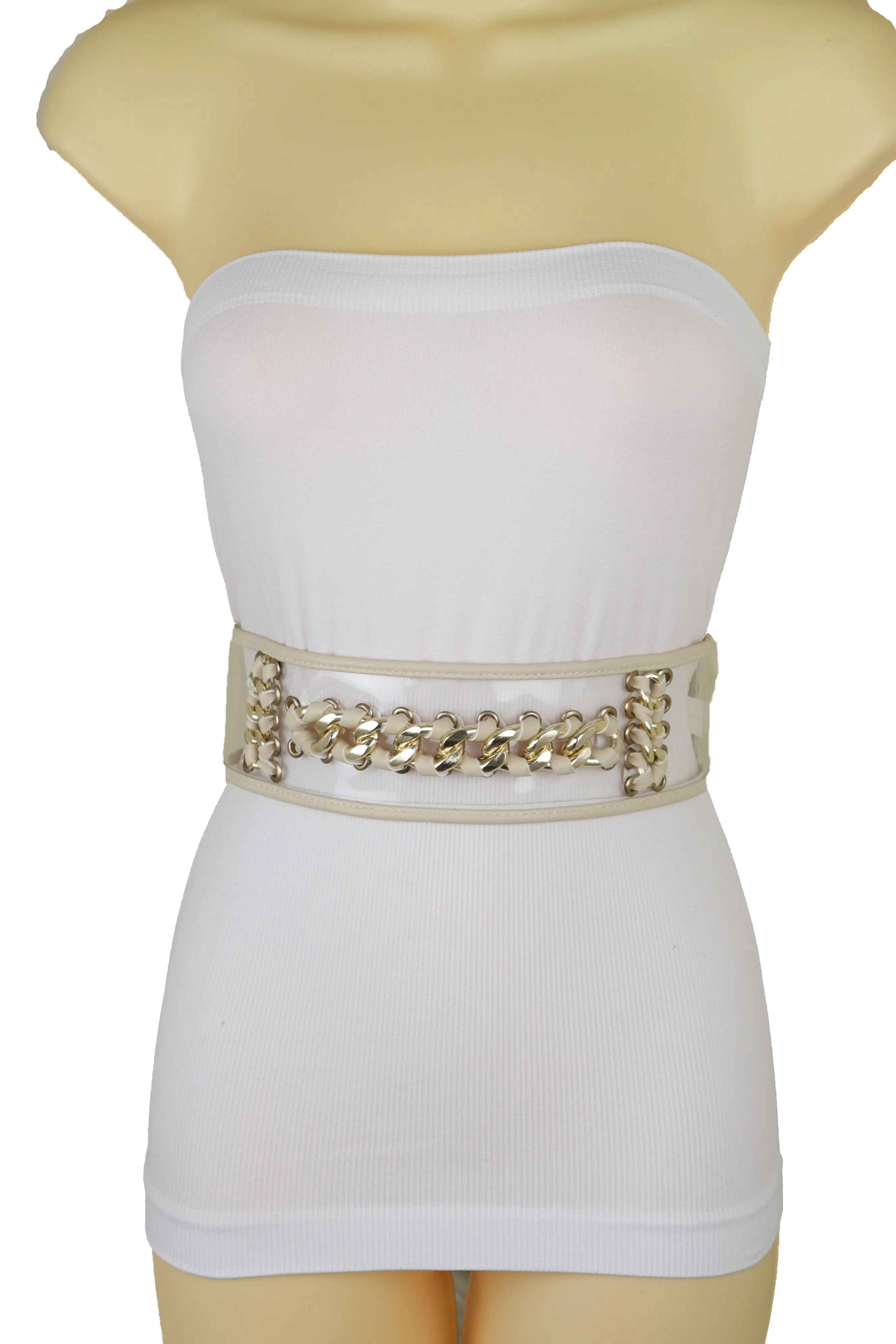 Wide Cream Elastic Fashion Belt High Waist Hip Gold Metal Chain Links S M