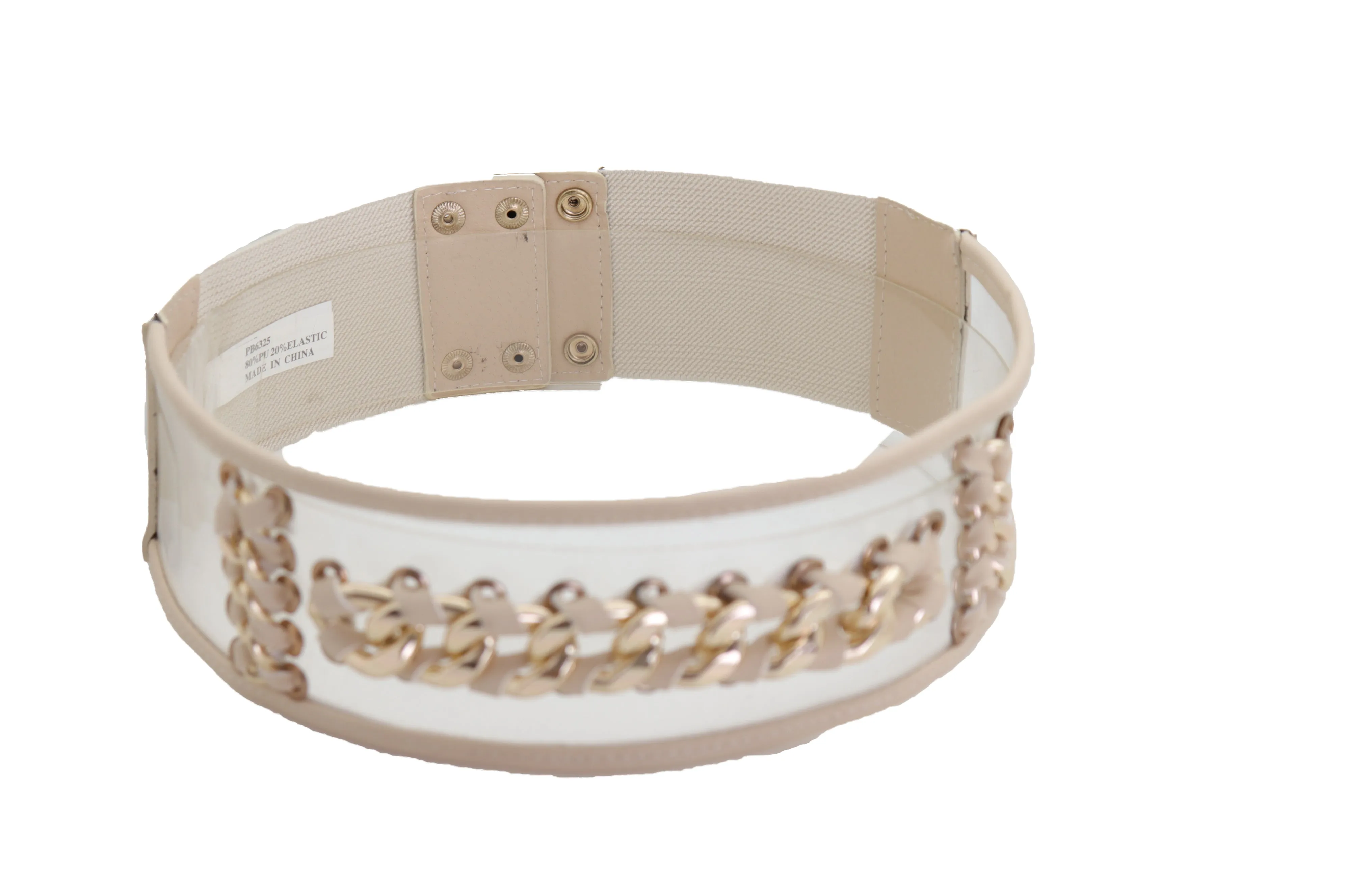Wide Cream Elastic Fashion Belt High Waist Hip Gold Metal Chain Links S M