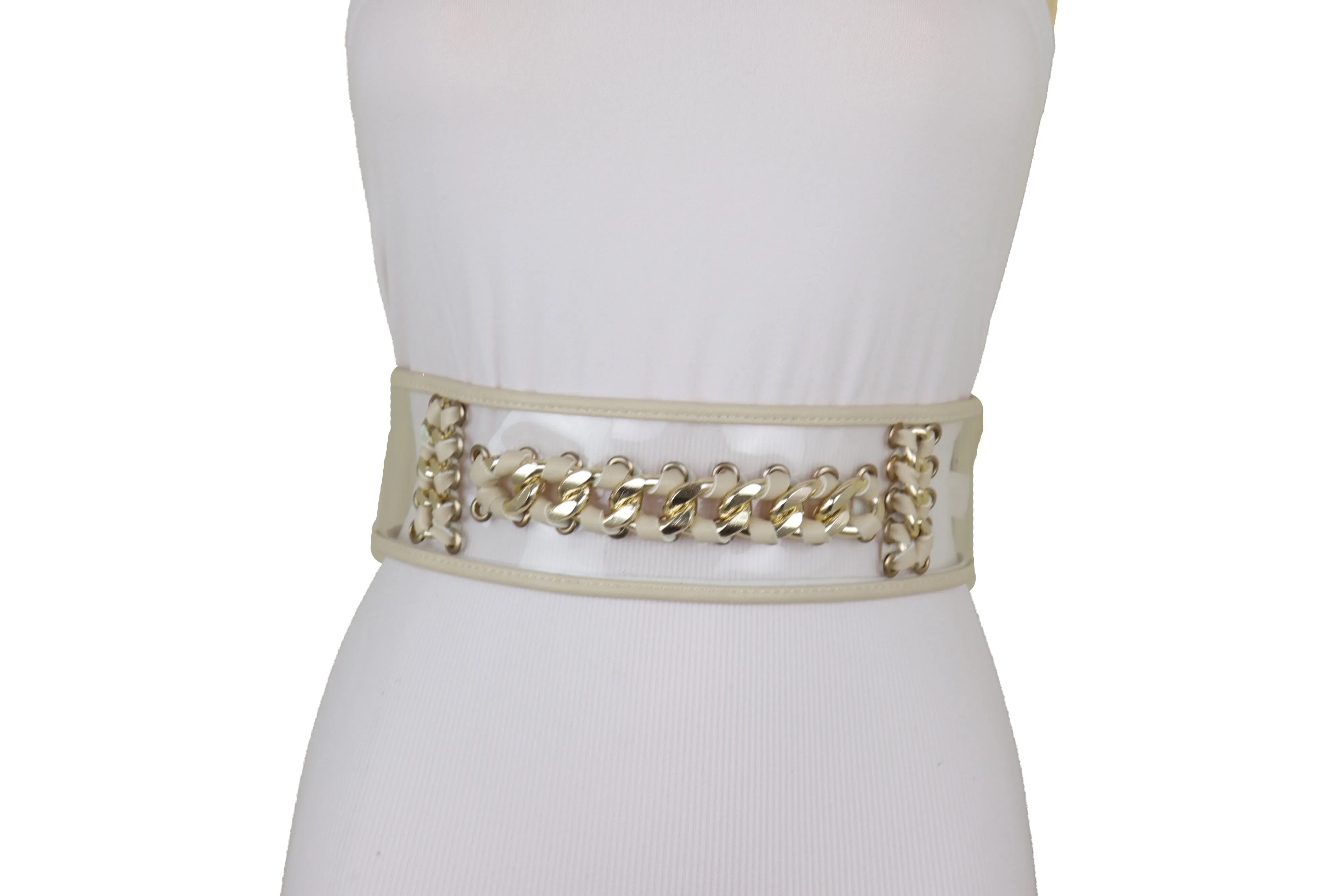 Wide Cream Elastic Fashion Belt High Waist Hip Gold Metal Chain Links S M