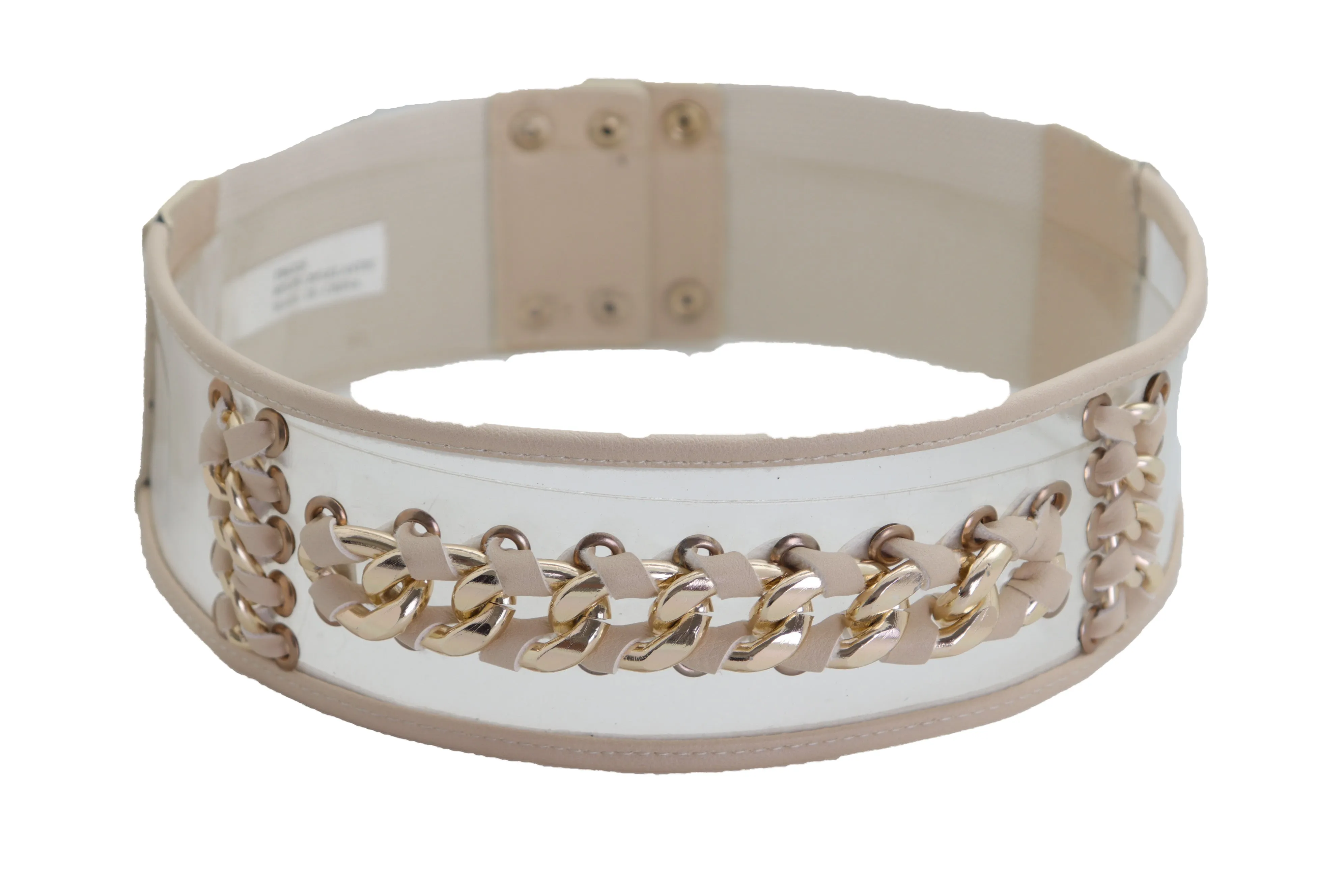 Wide Cream Elastic Fashion Belt High Waist Hip Gold Metal Chain Links S M