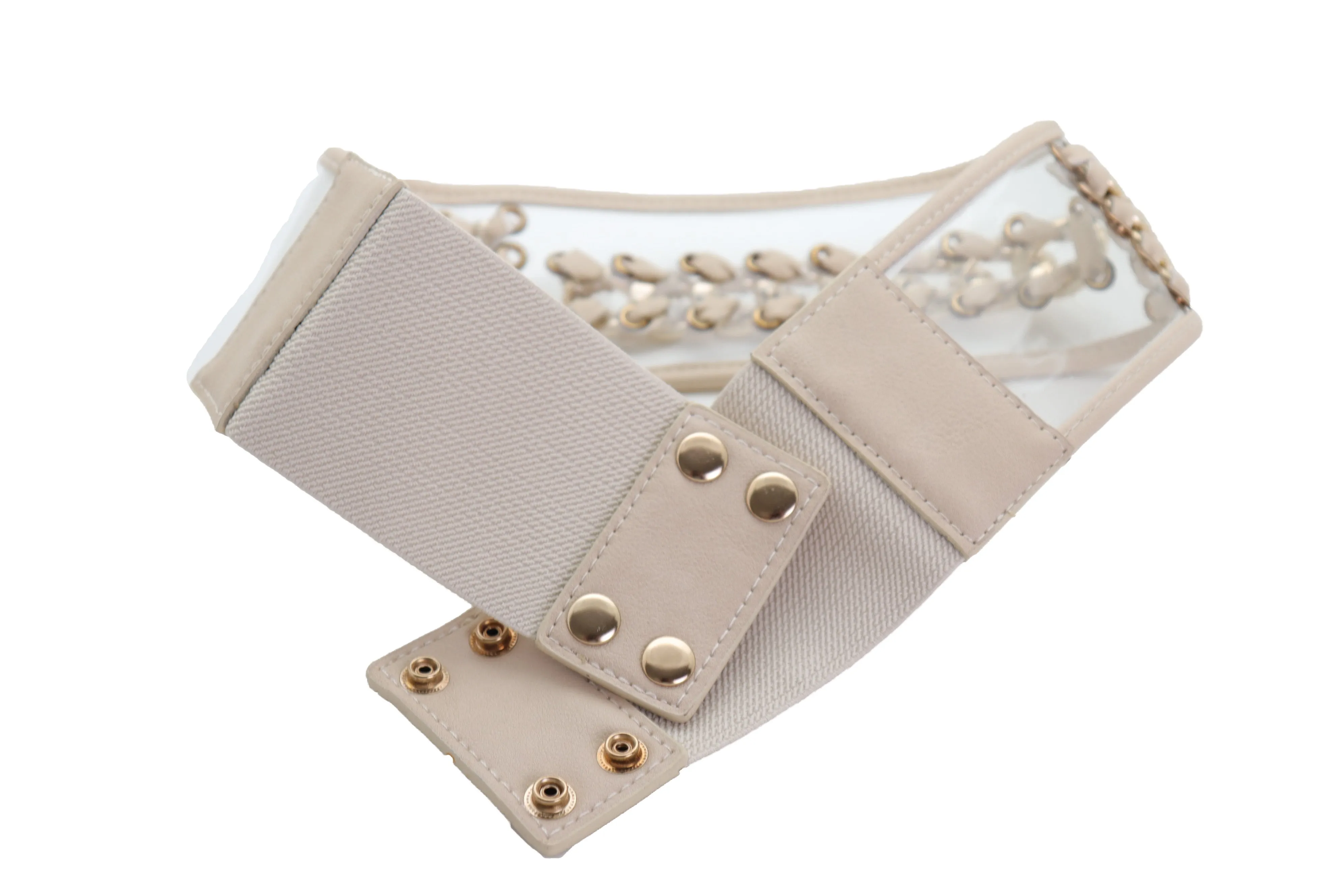 Wide Cream Elastic Fashion Belt High Waist Hip Gold Metal Chain Links S M
