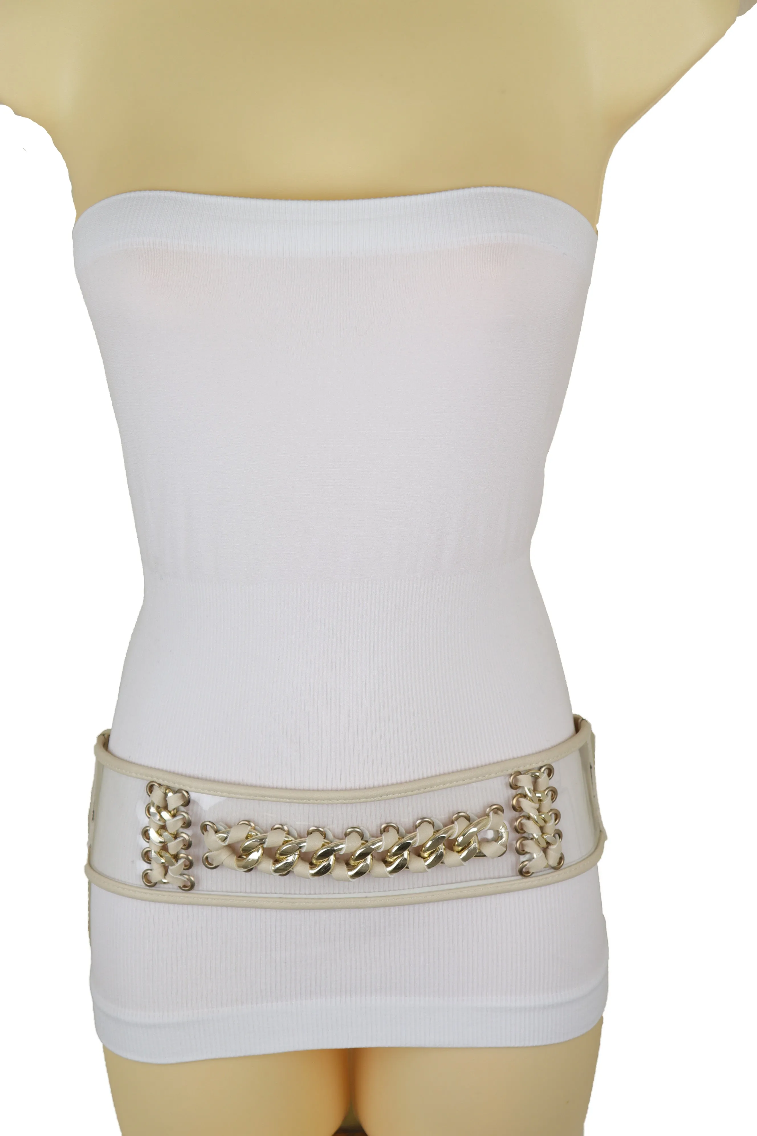 Wide Cream Elastic Fashion Belt High Waist Hip Gold Metal Chain Links S M