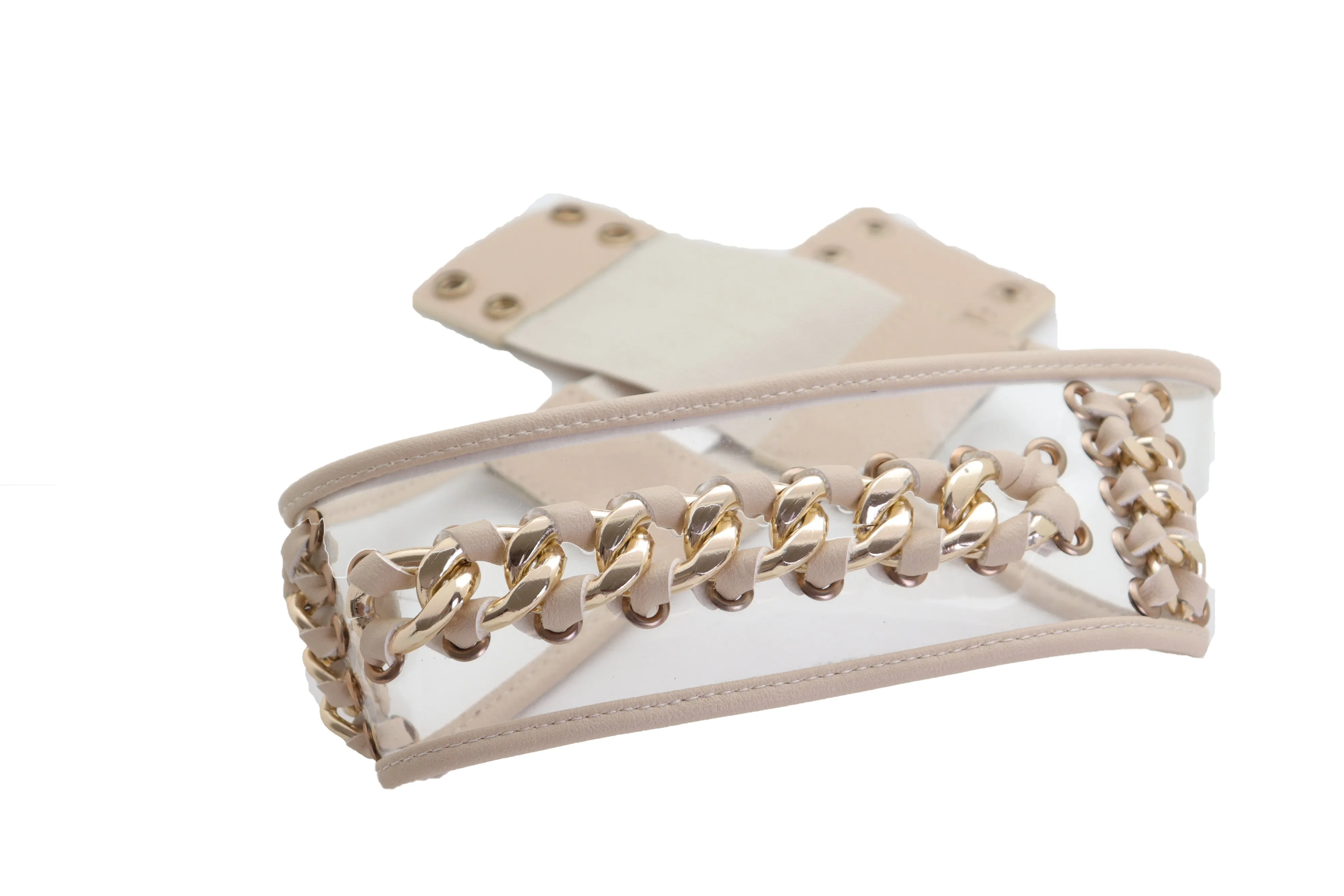 Wide Cream Elastic Fashion Belt High Waist Hip Gold Metal Chain Links S M