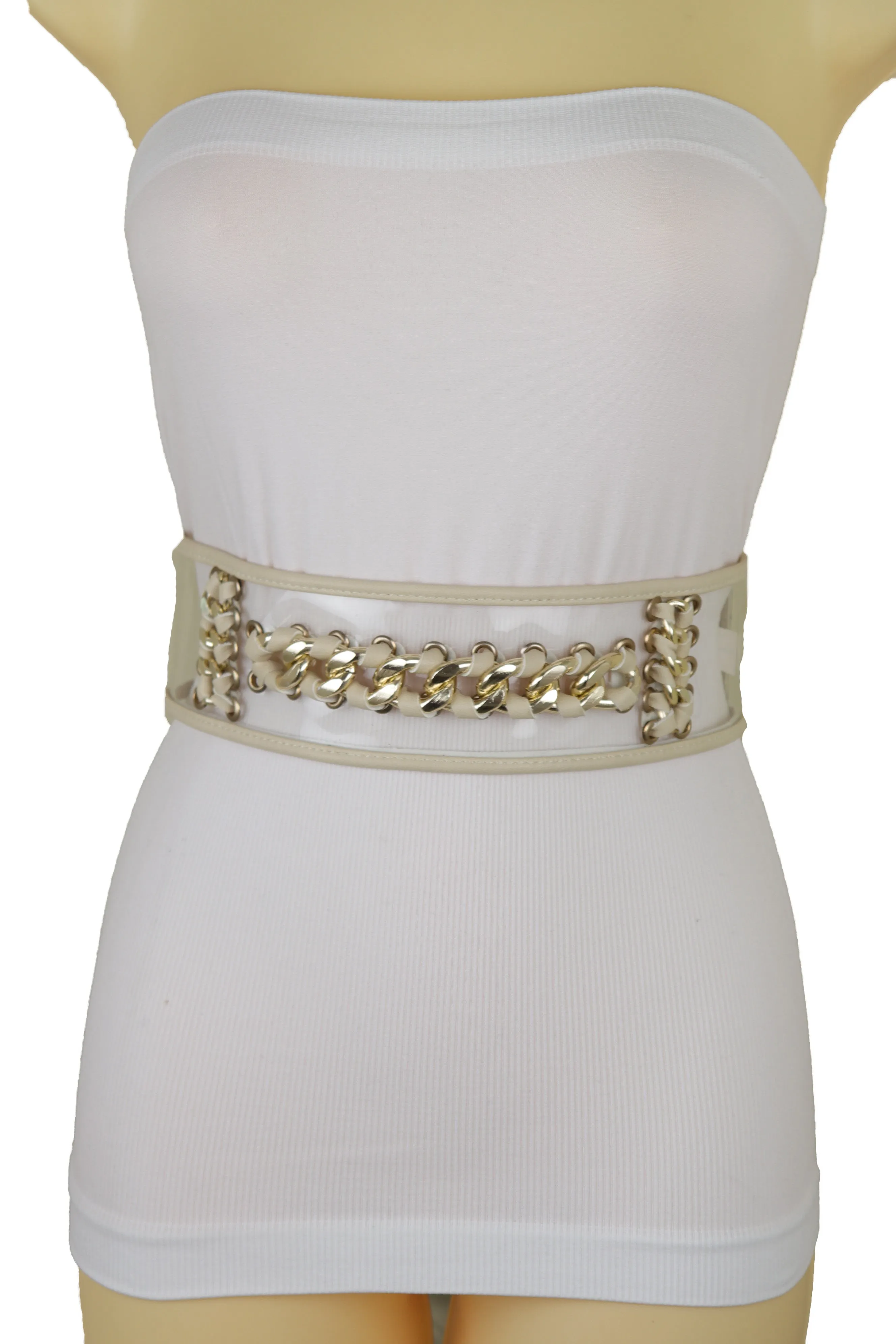 Wide Cream Elastic Fashion Belt High Waist Hip Gold Metal Chain Links S M