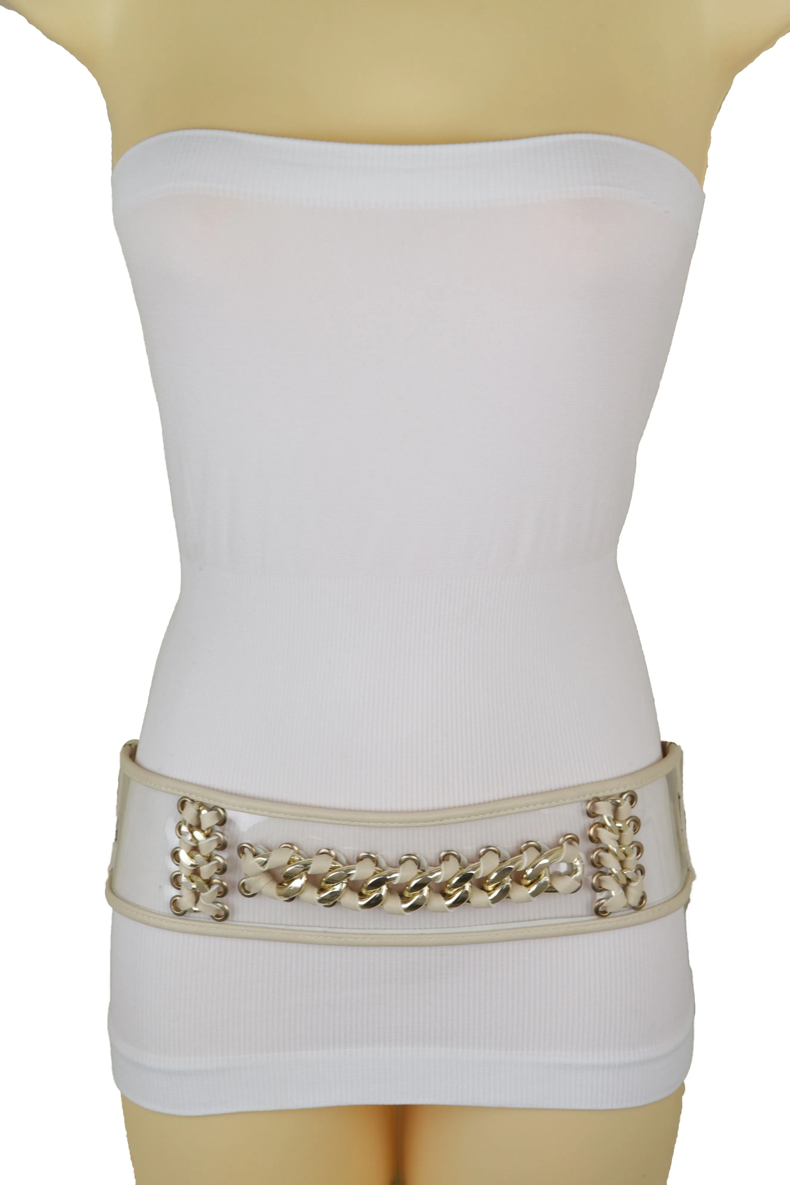 Wide Cream Elastic Fashion Belt High Waist Hip Gold Metal Chain Links S M