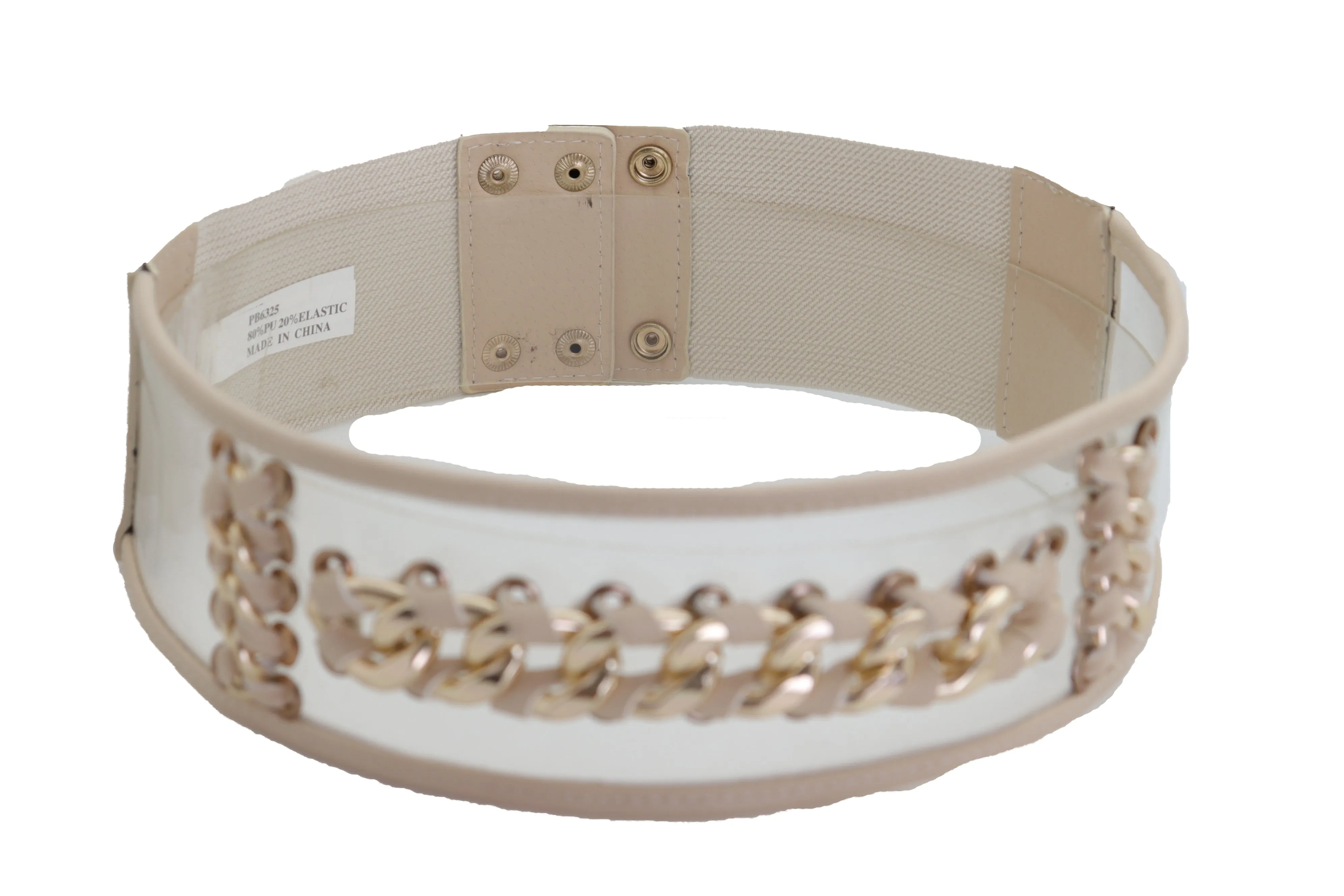 Wide Cream Elastic Fashion Belt High Waist Hip Gold Metal Chain Links S M