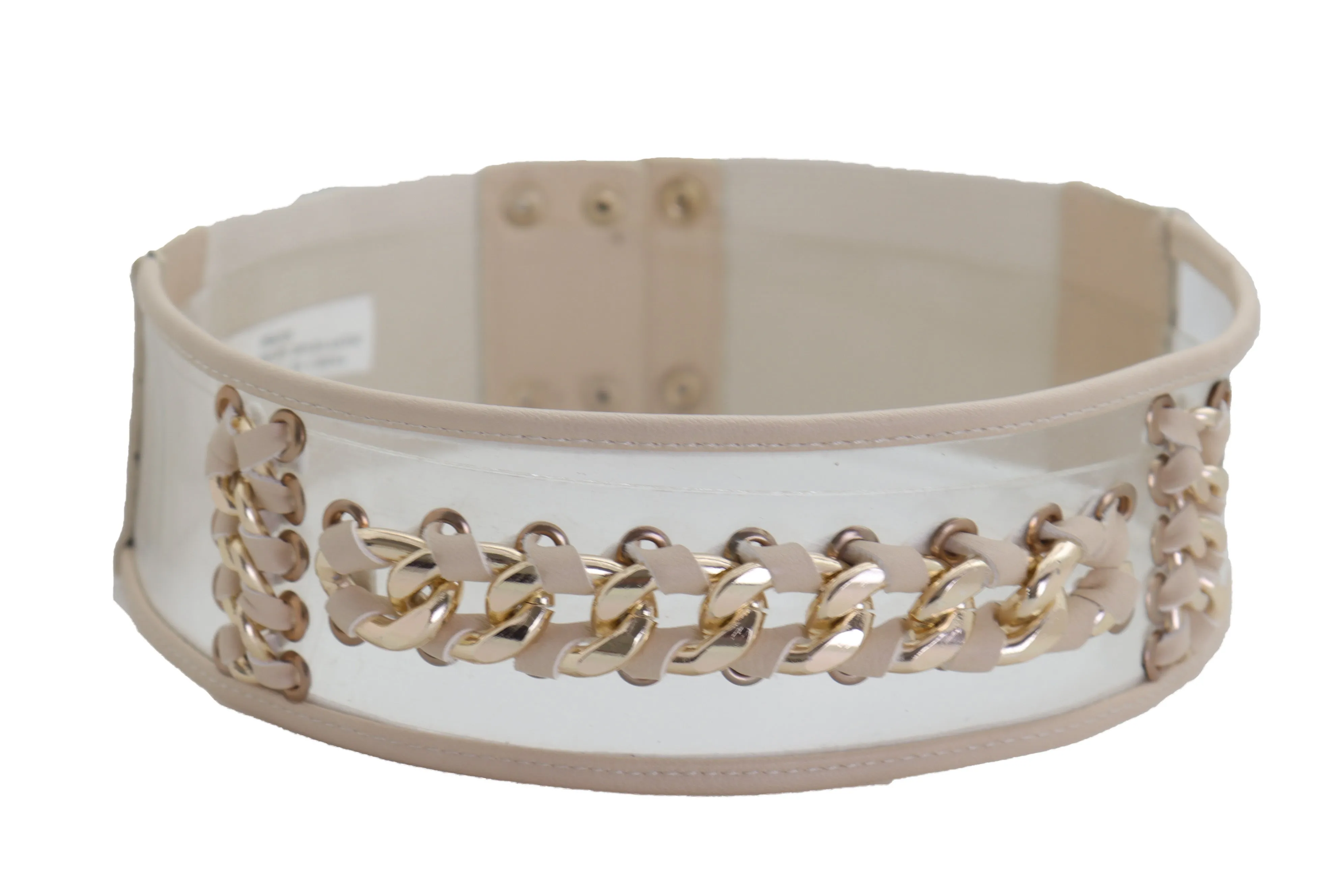 Wide Cream Elastic Fashion Belt High Waist Hip Gold Metal Chain Links S M