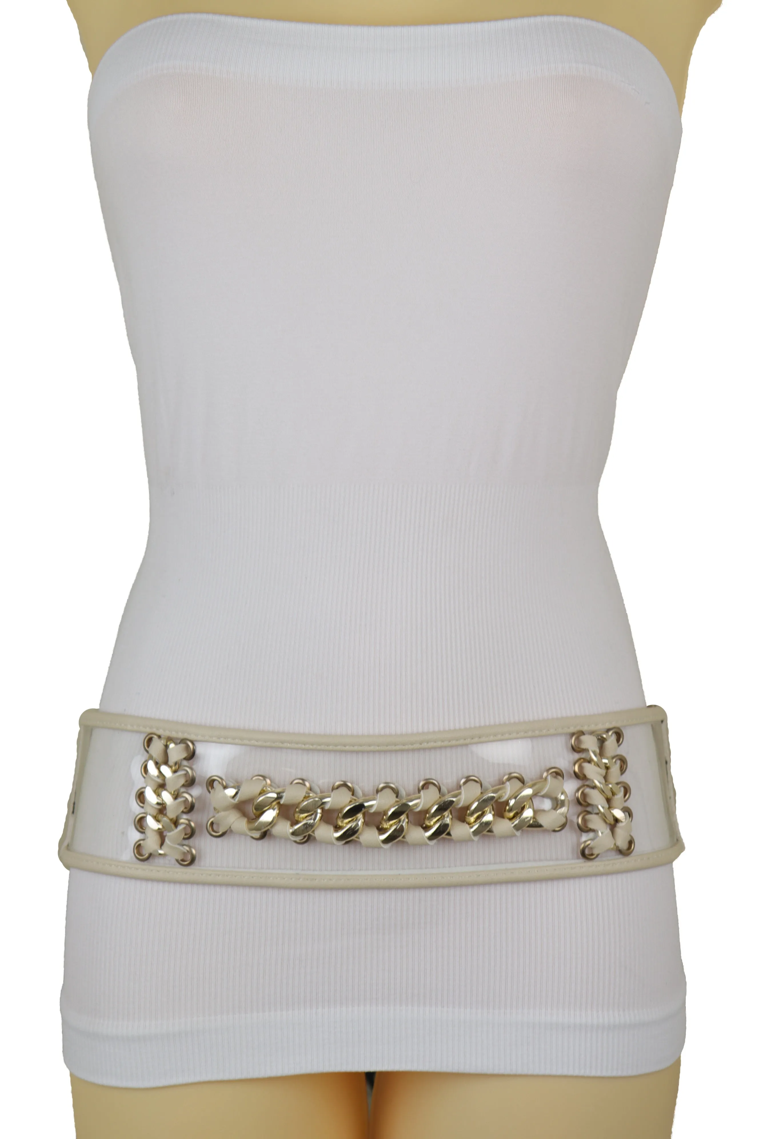 Wide Cream Elastic Fashion Belt High Waist Hip Gold Metal Chain Links S M